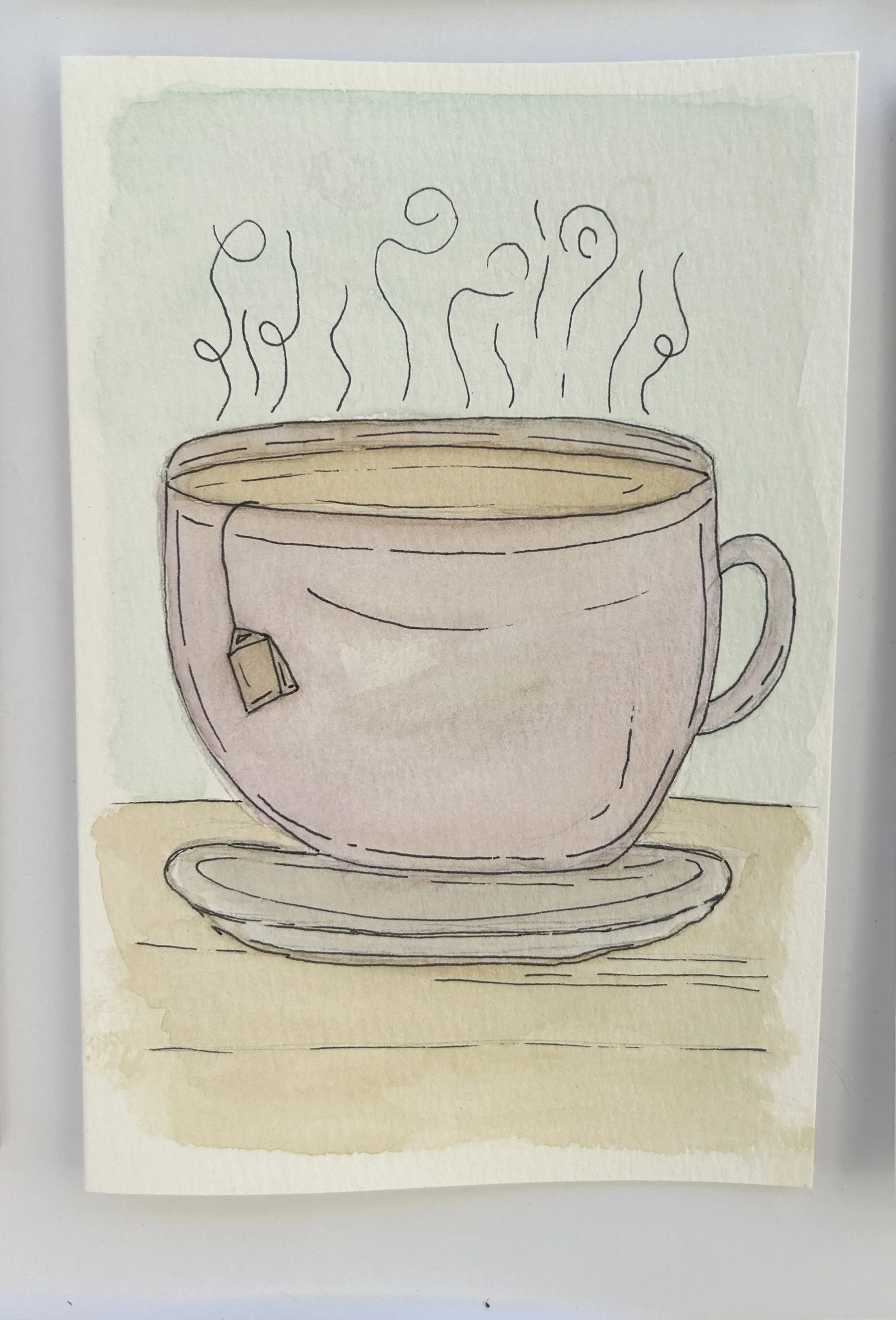 Cup of Tea Watercolor Card, Original Hand Painted