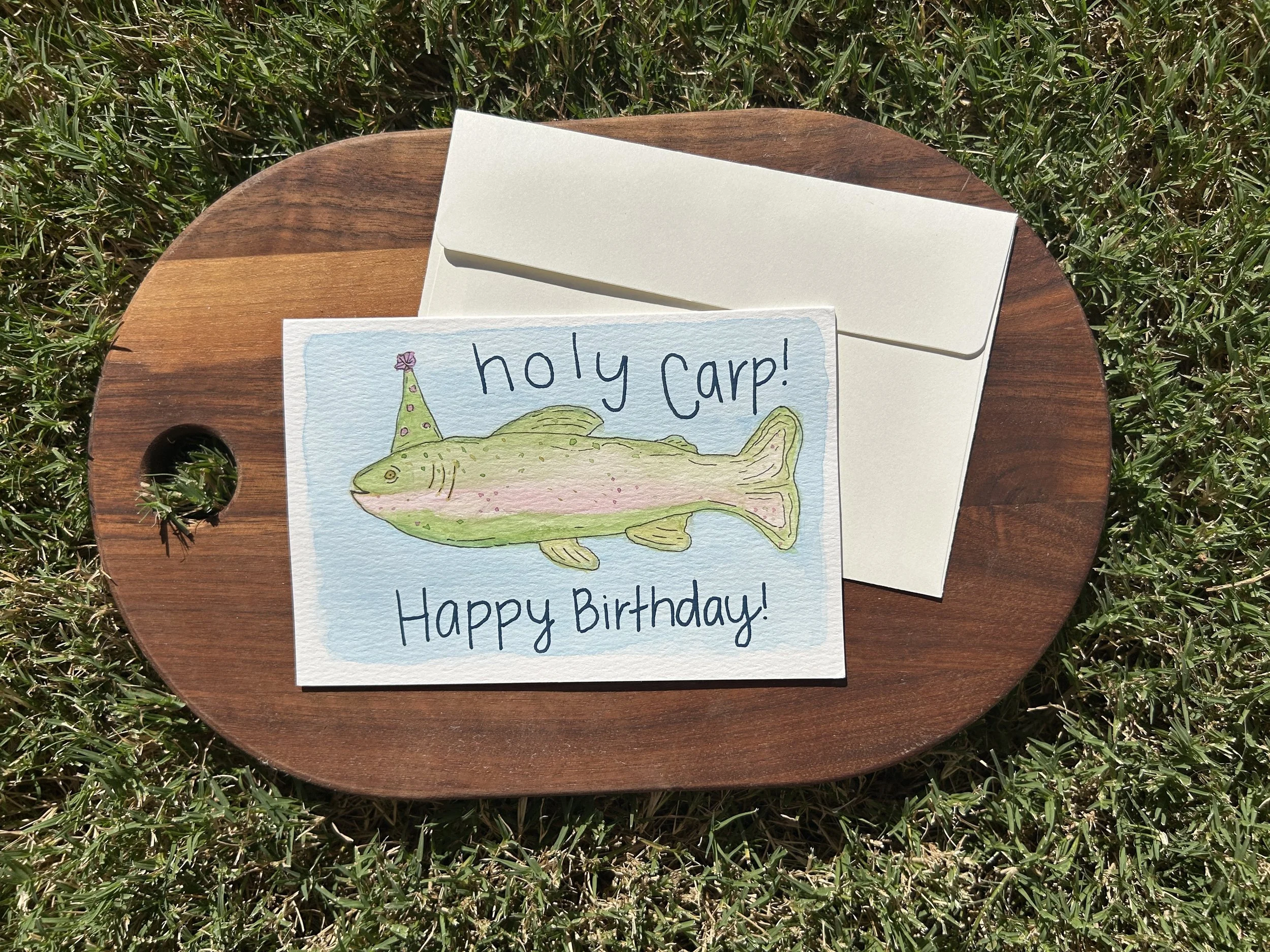 Holy Carp Birthday Watercolor Card, Original Hand Painted