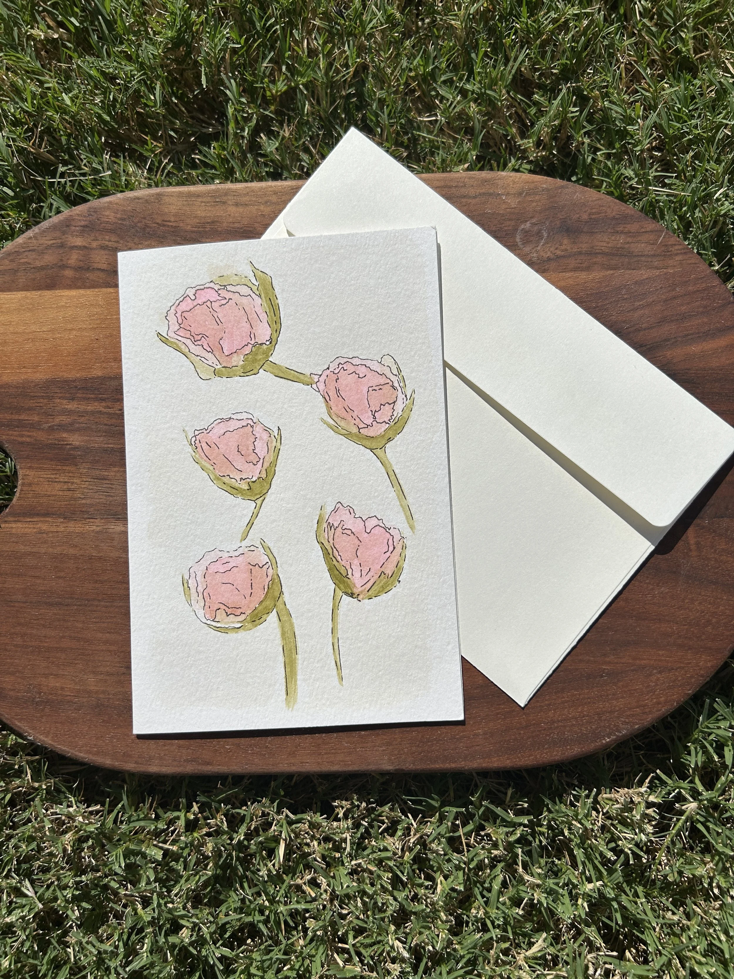 Pink Peonies Watercolor Card, Original Hand Painted