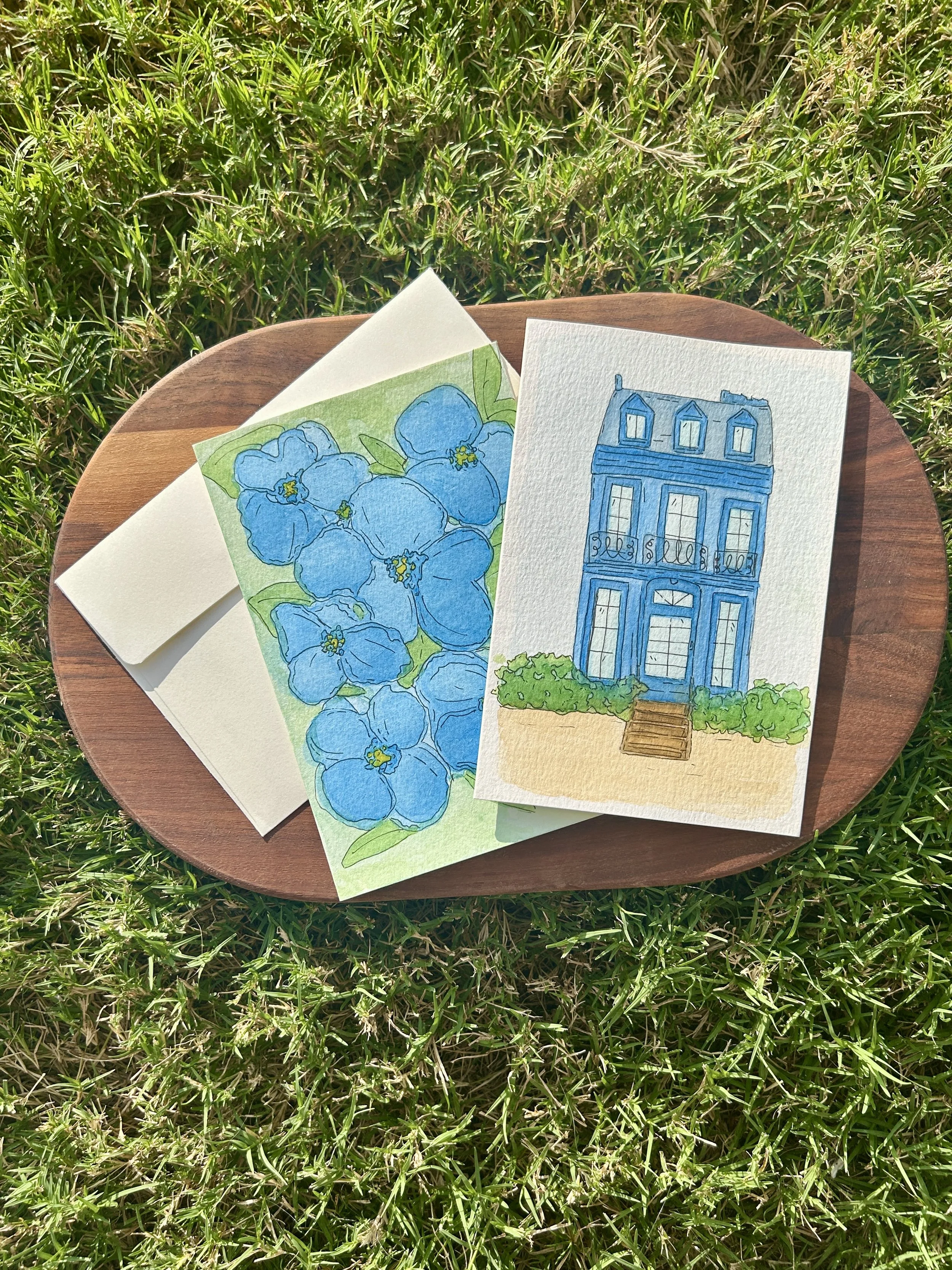 Blue Floral Watercolor Card, Original Hand Painted