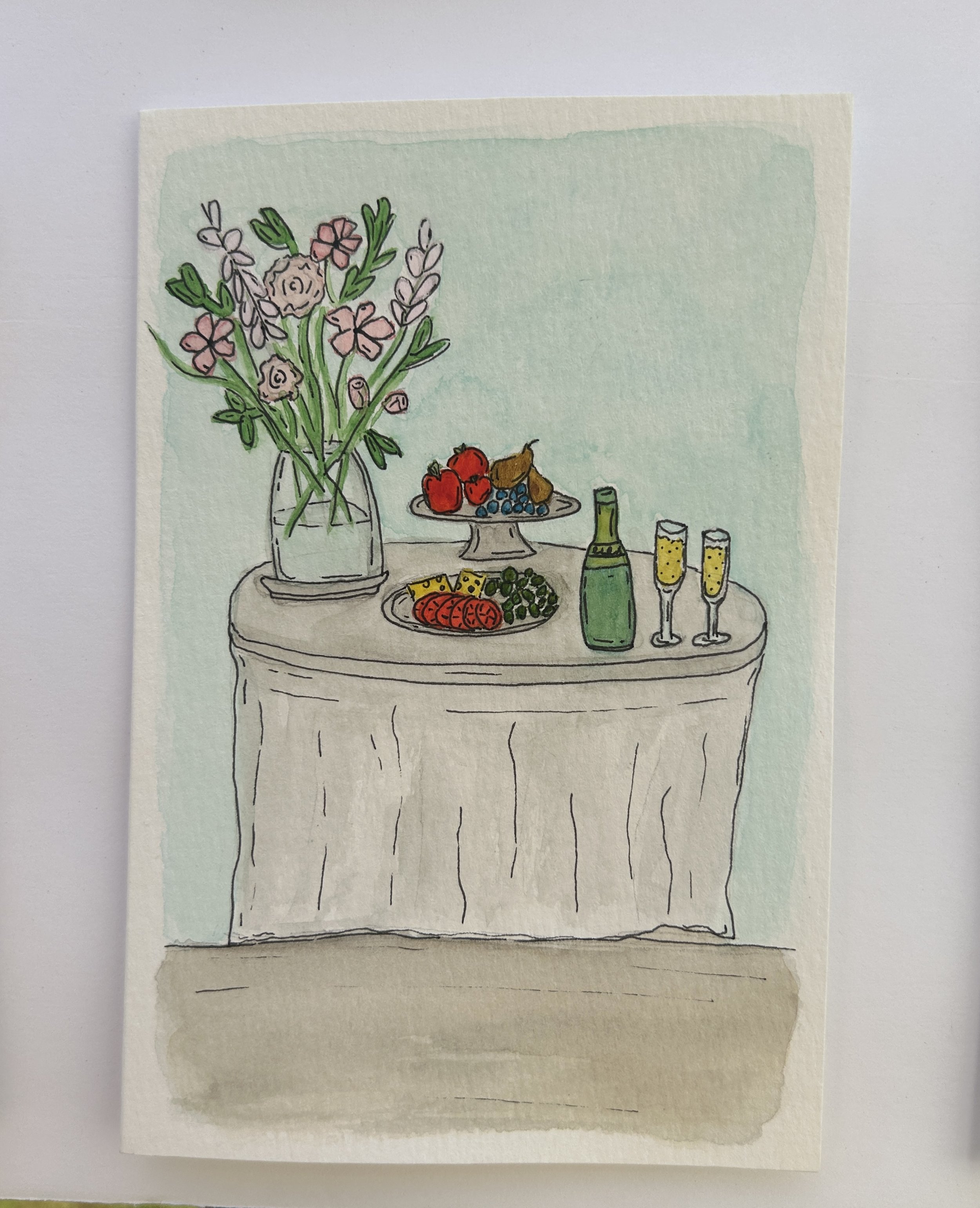Garden Gathering Watercolor Card, Original Hand Painted
