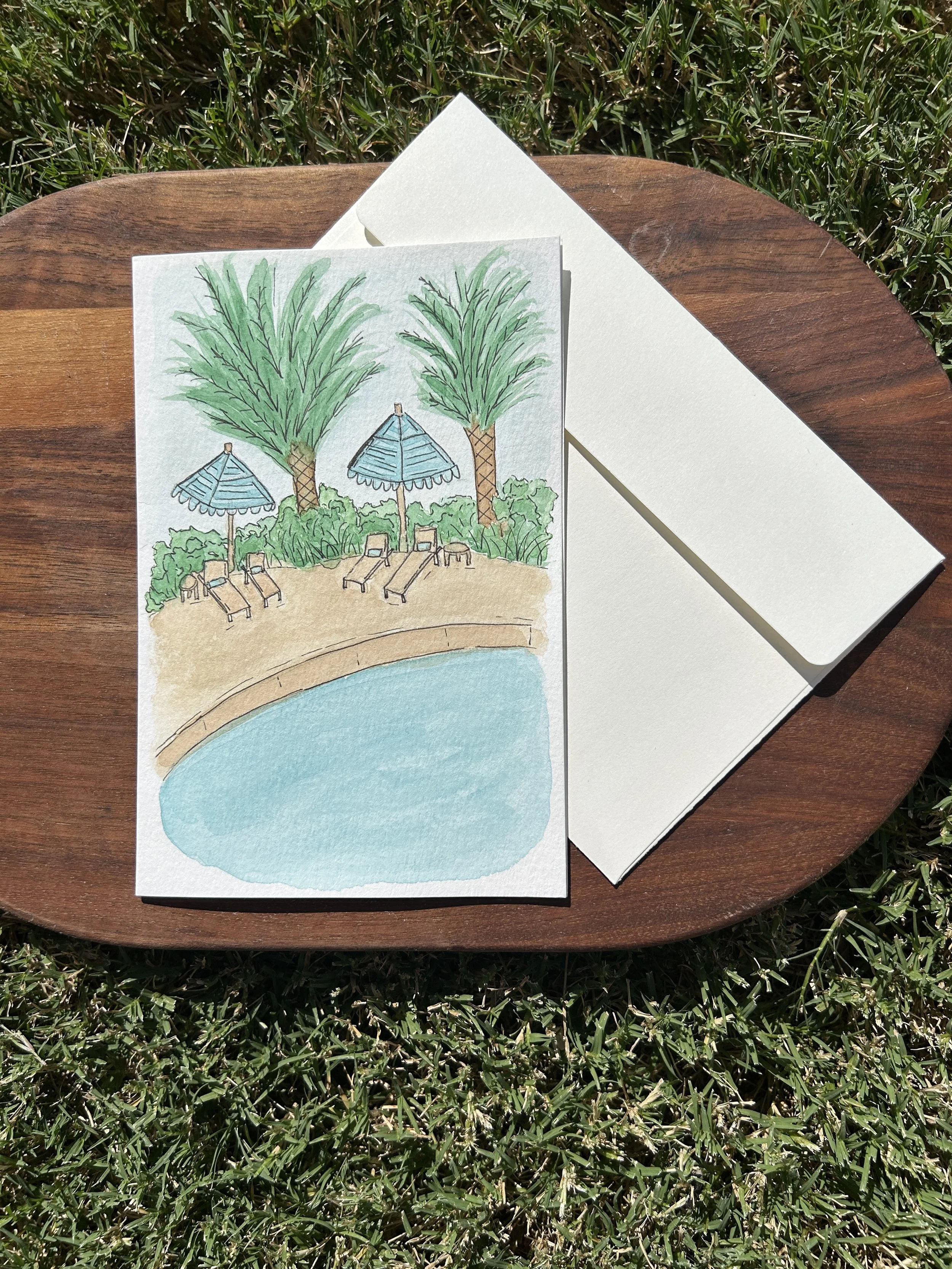 Poolside Jungle Loungers Watercolor Card, Original Hand Painted