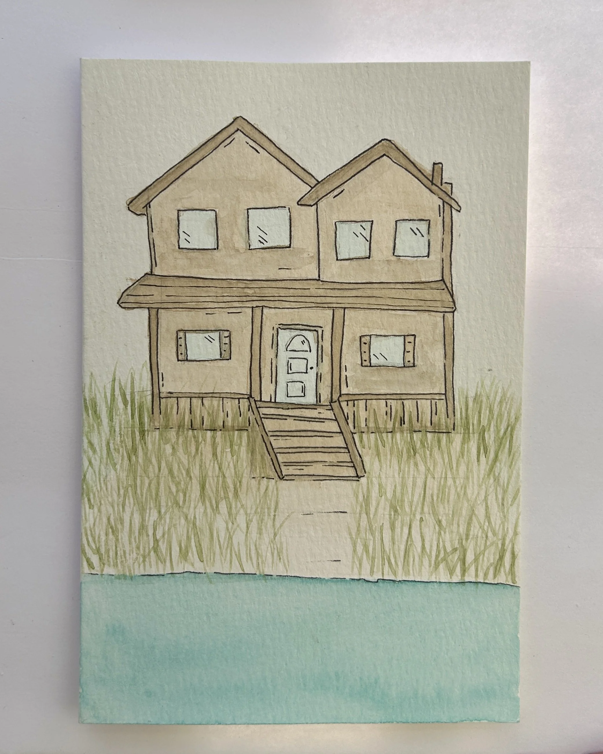 Beach House Dreaming Watercolor Card, Original Hand Painted
