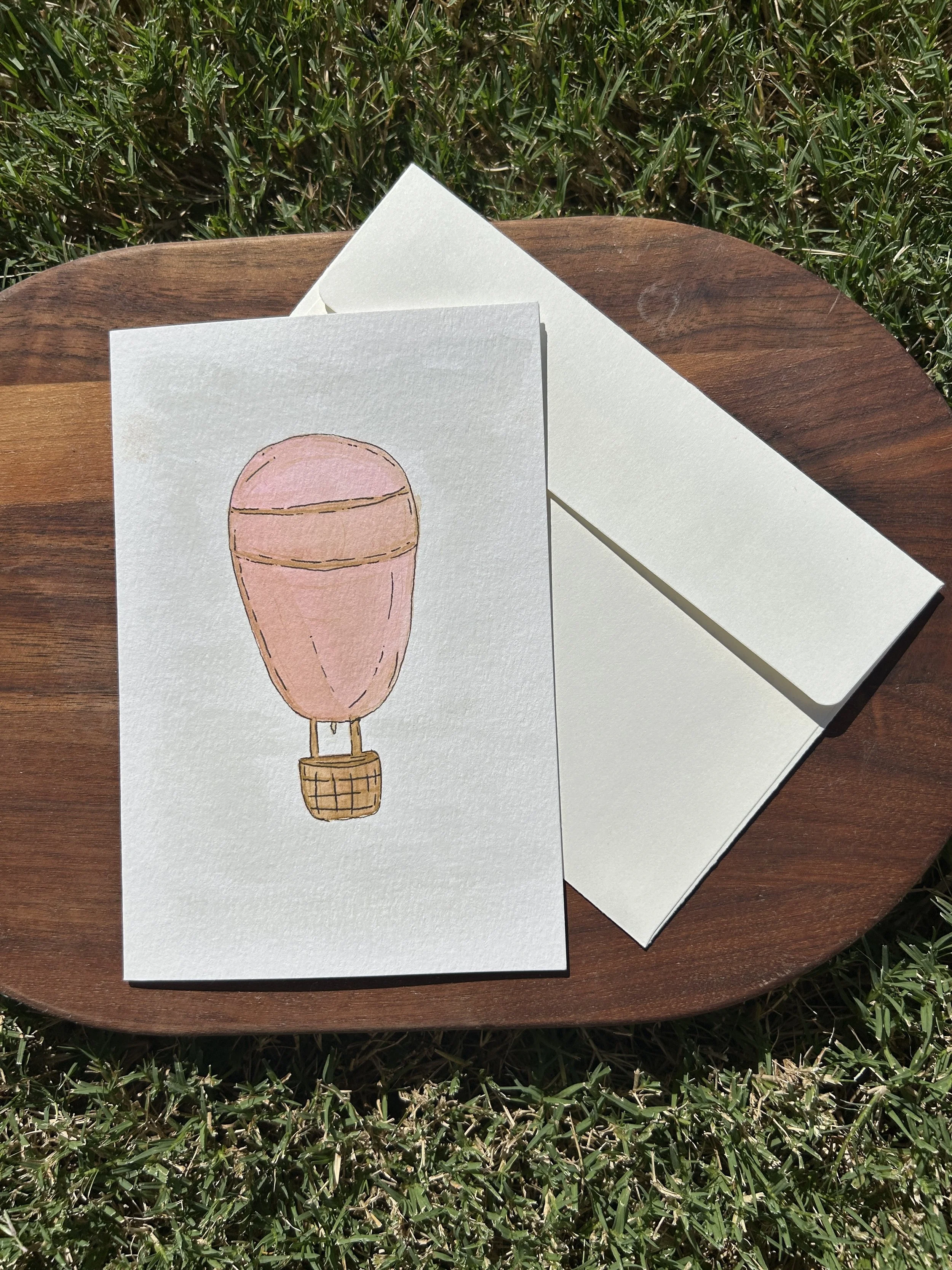 Pink Hot Air Balloon Watercolor Card, Original Hand Painted