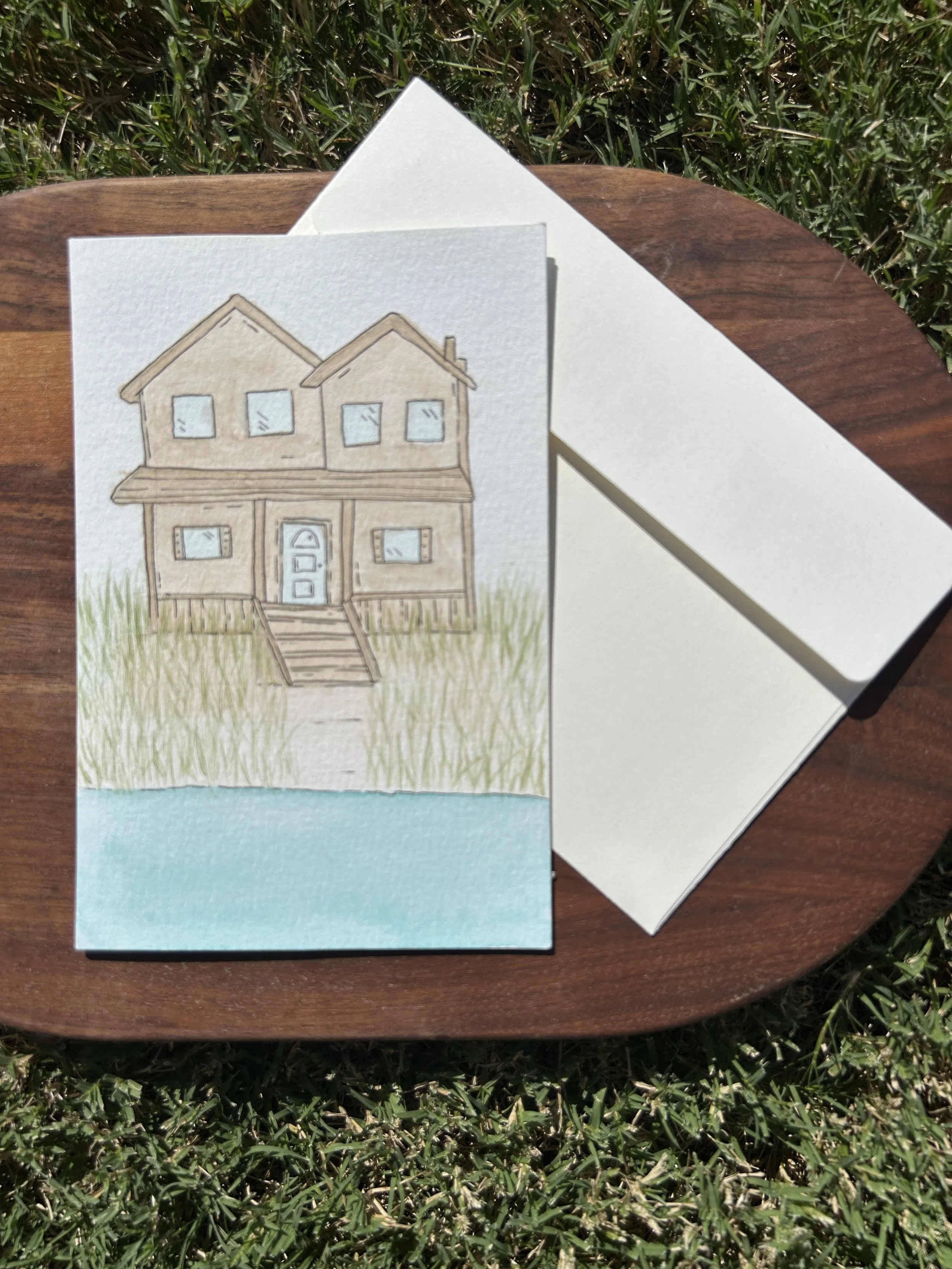 Beach House Dreaming Watercolor Card, Original Hand Painted