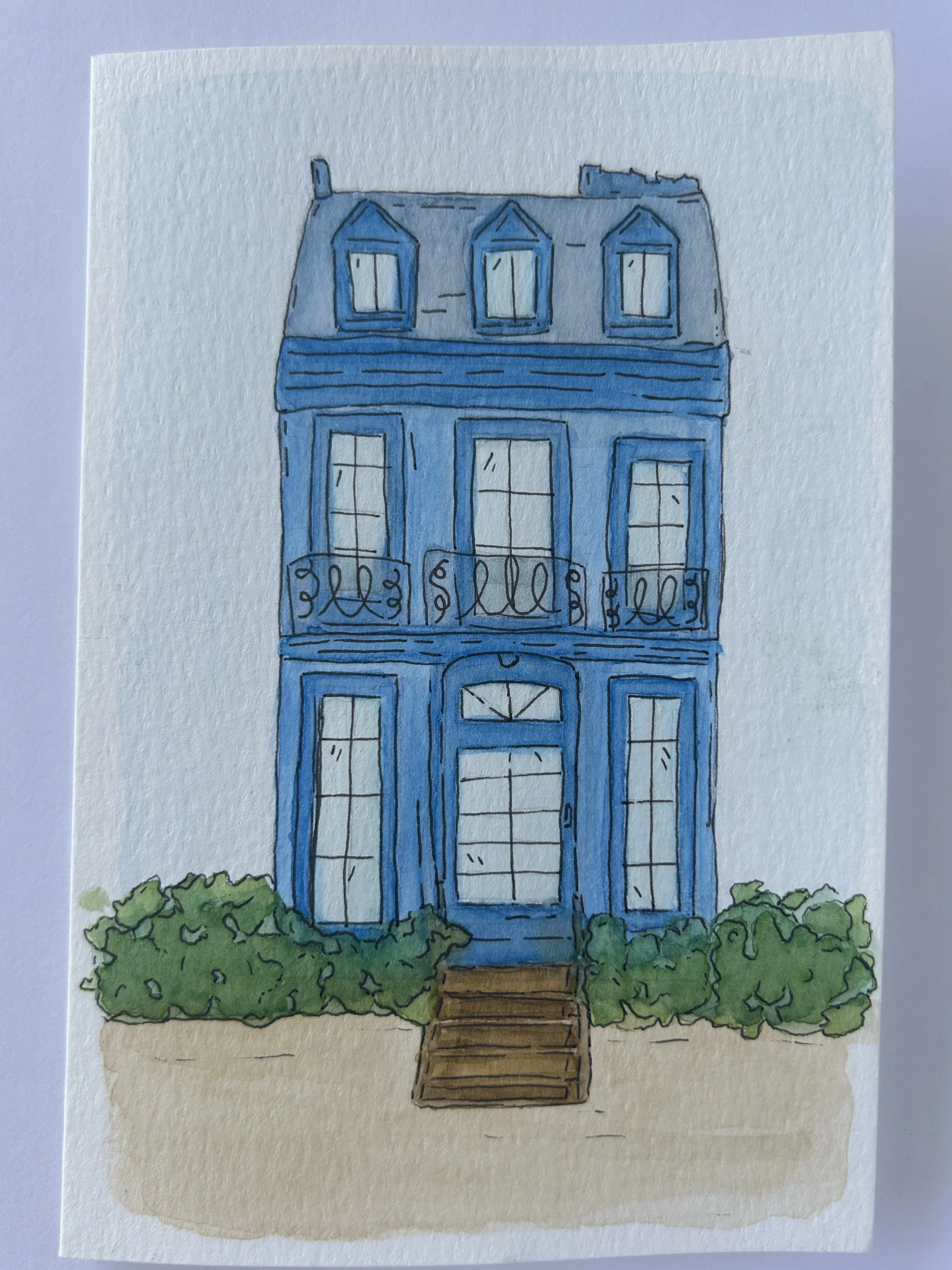 French Provincial Blue Watercolor Card, Original Hand Painted