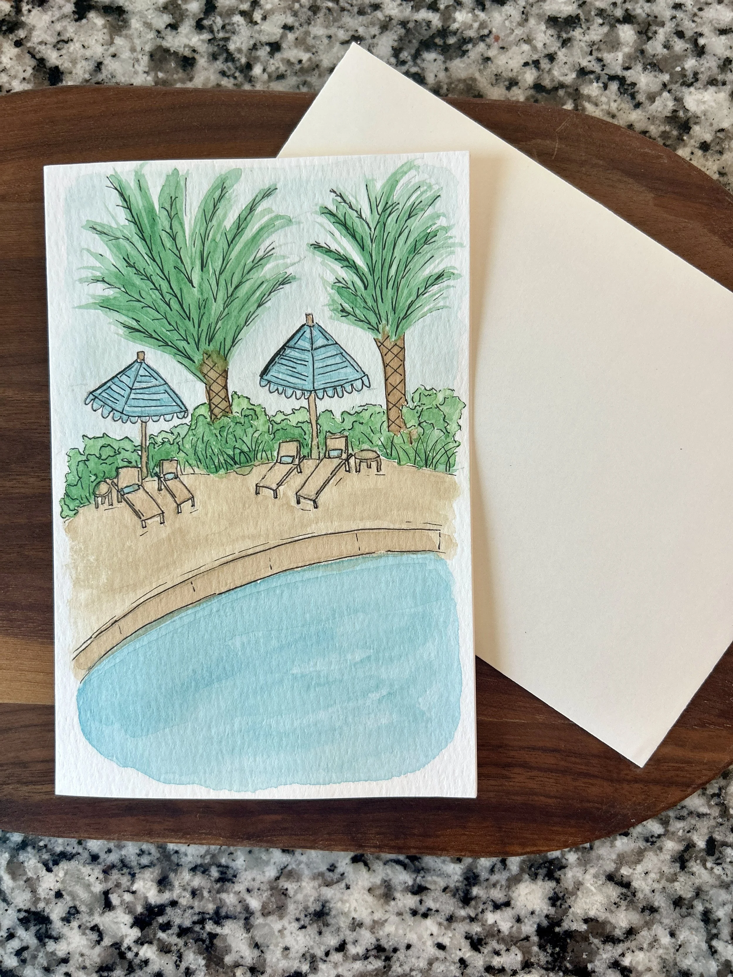 Poolside Jungle Loungers Watercolor Card, Original Hand Painted