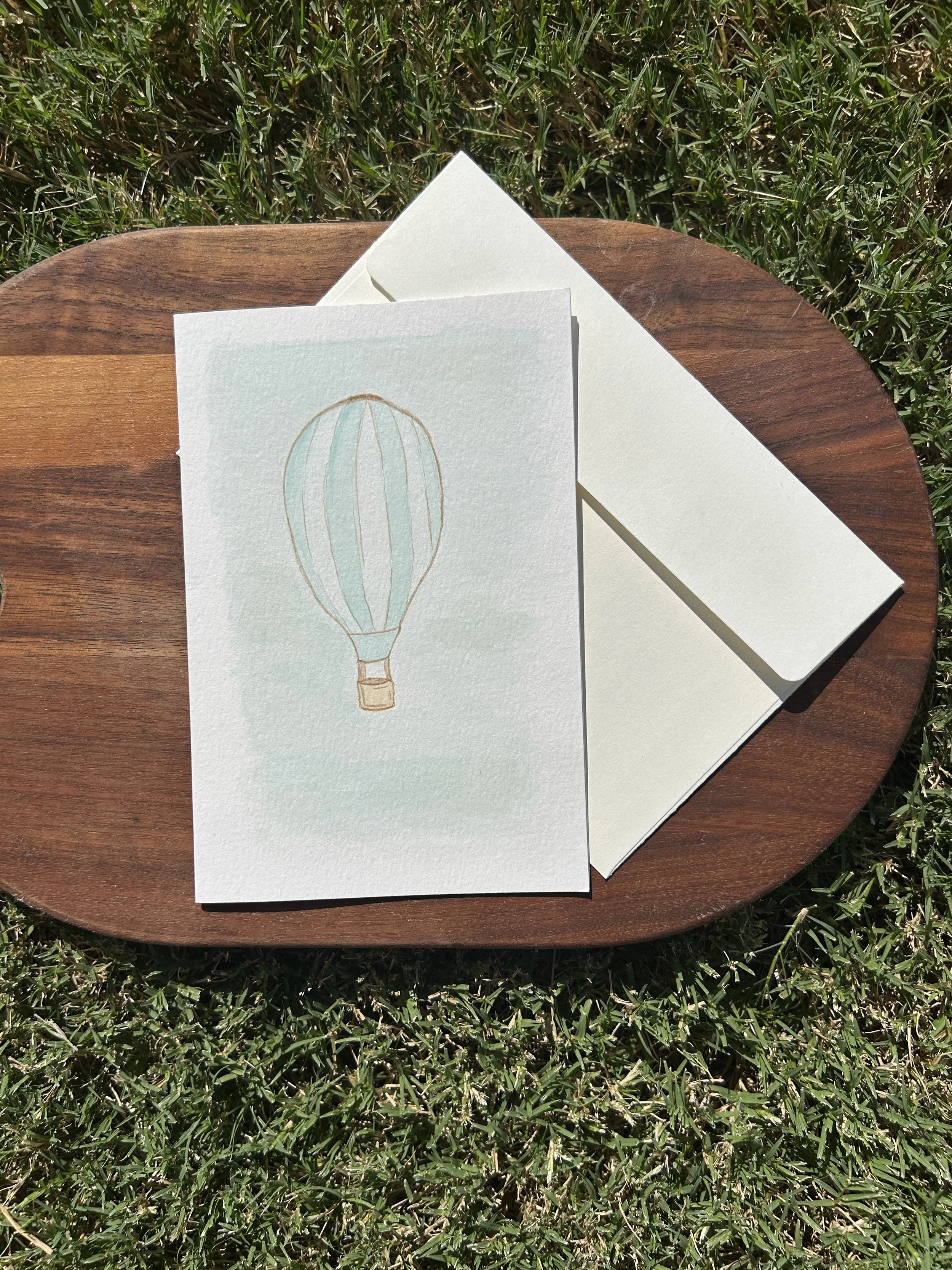Blue Hot Air Balloon Watercolor Card, Original Hand Painted