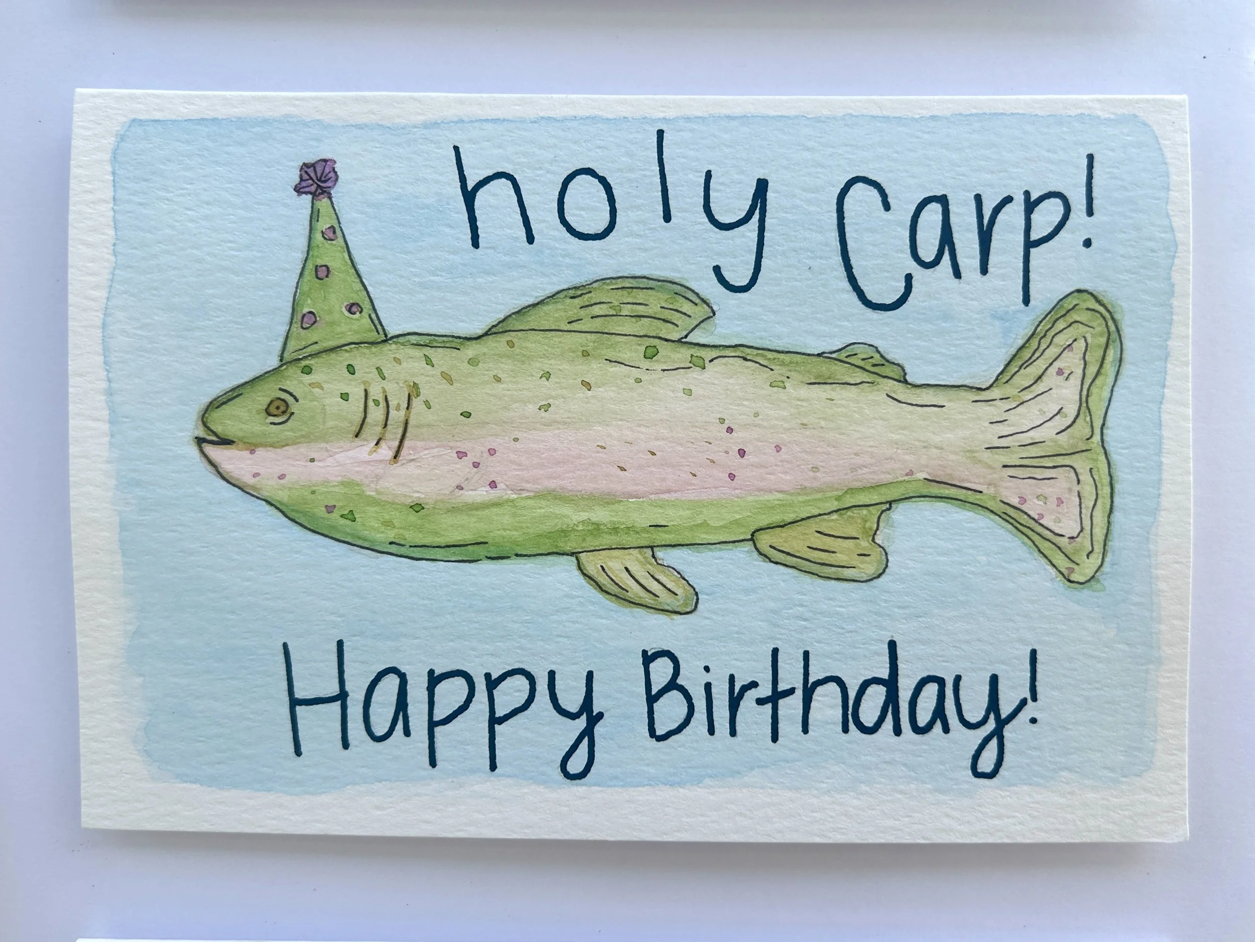 Holy Carp Birthday Watercolor Card, Original Hand Painted