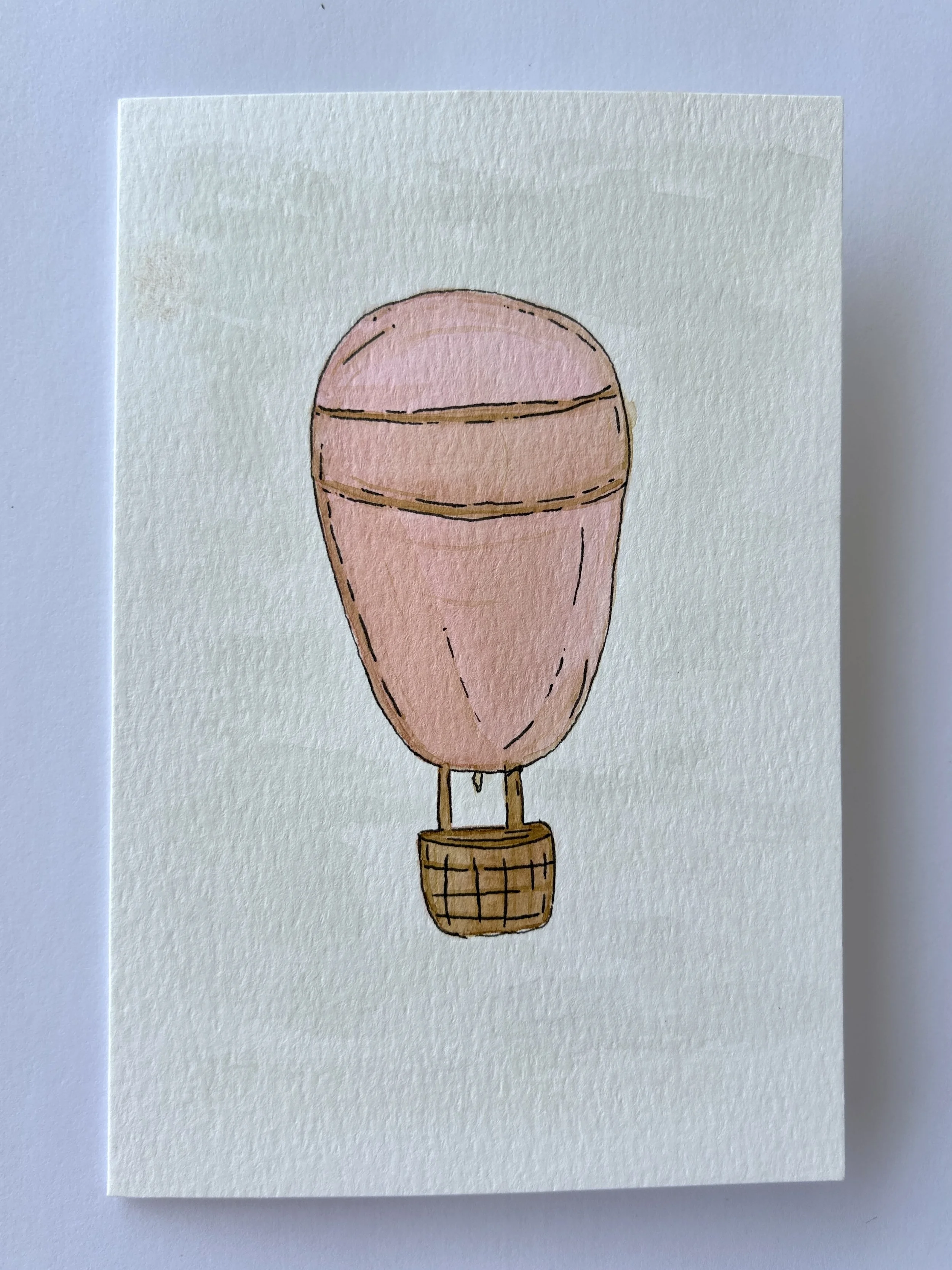 Pink Hot Air Balloon Watercolor Card, Original Hand Painted