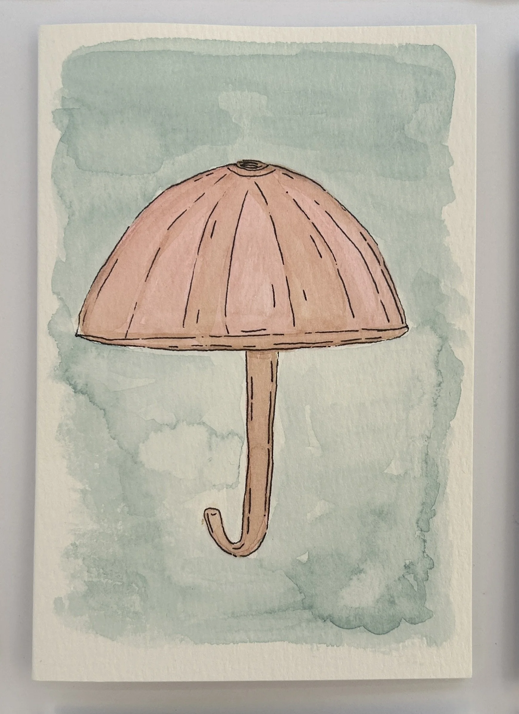 Pink Umbrella Watercolor Card, Original Hand Painted