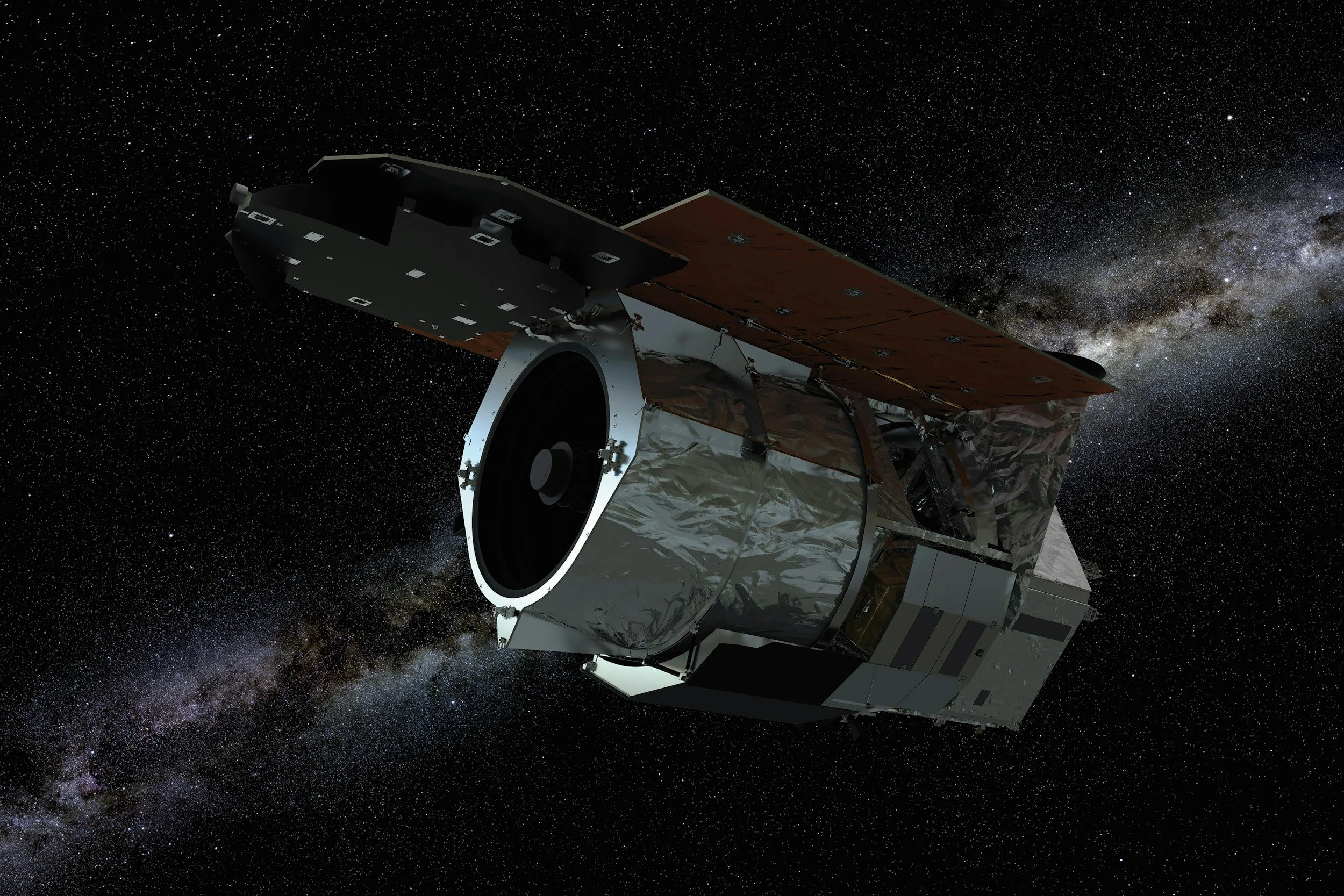 Une sonde spatiale orbitant dans l'espace avec la Voie lactée en arrière-plan.