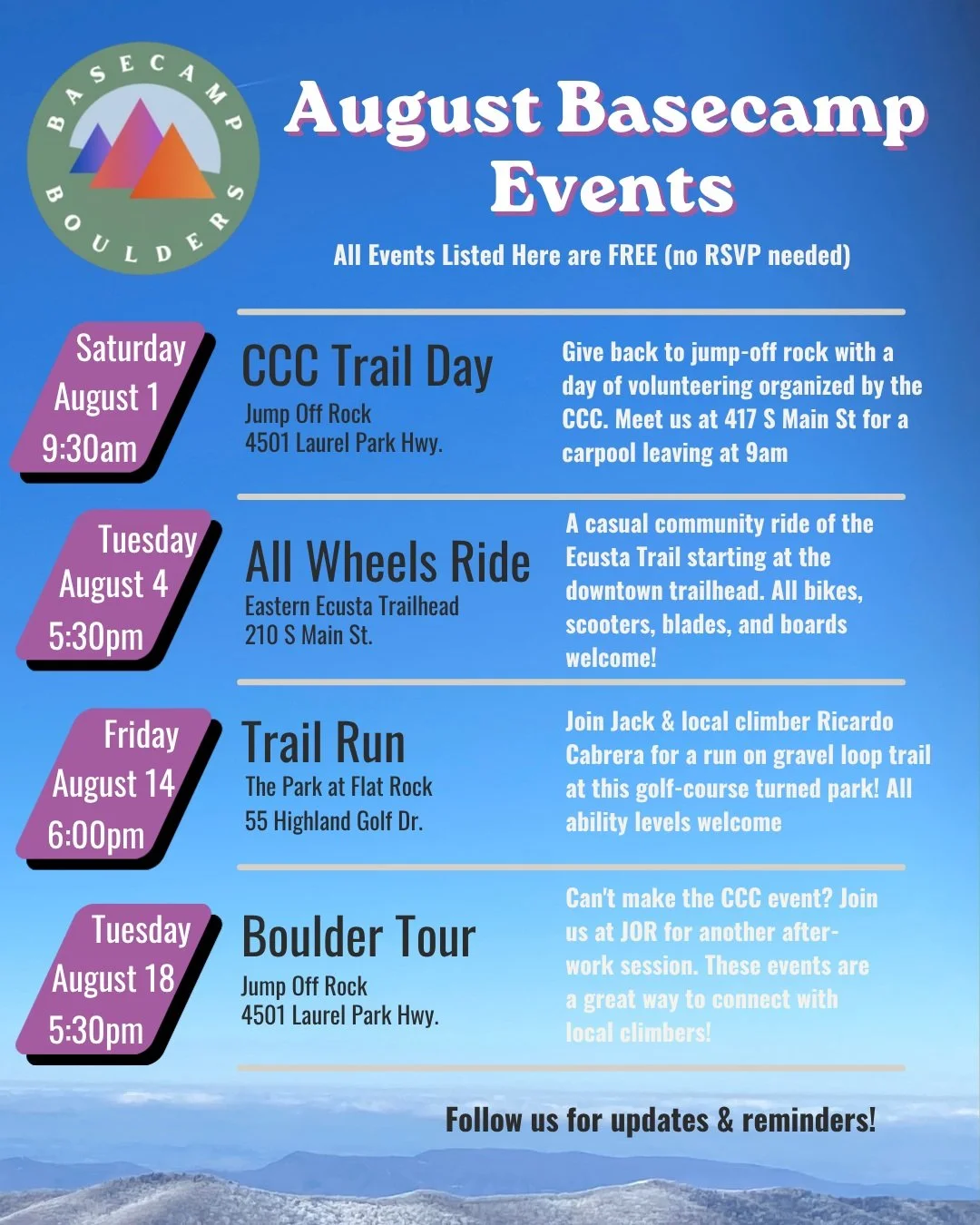 August Events are Here! Explore Hendersonville, make new friends and join the Basecamp community at this months FREE meet-ups

#weekendplans #wnc #hendersonville #climbing #trails