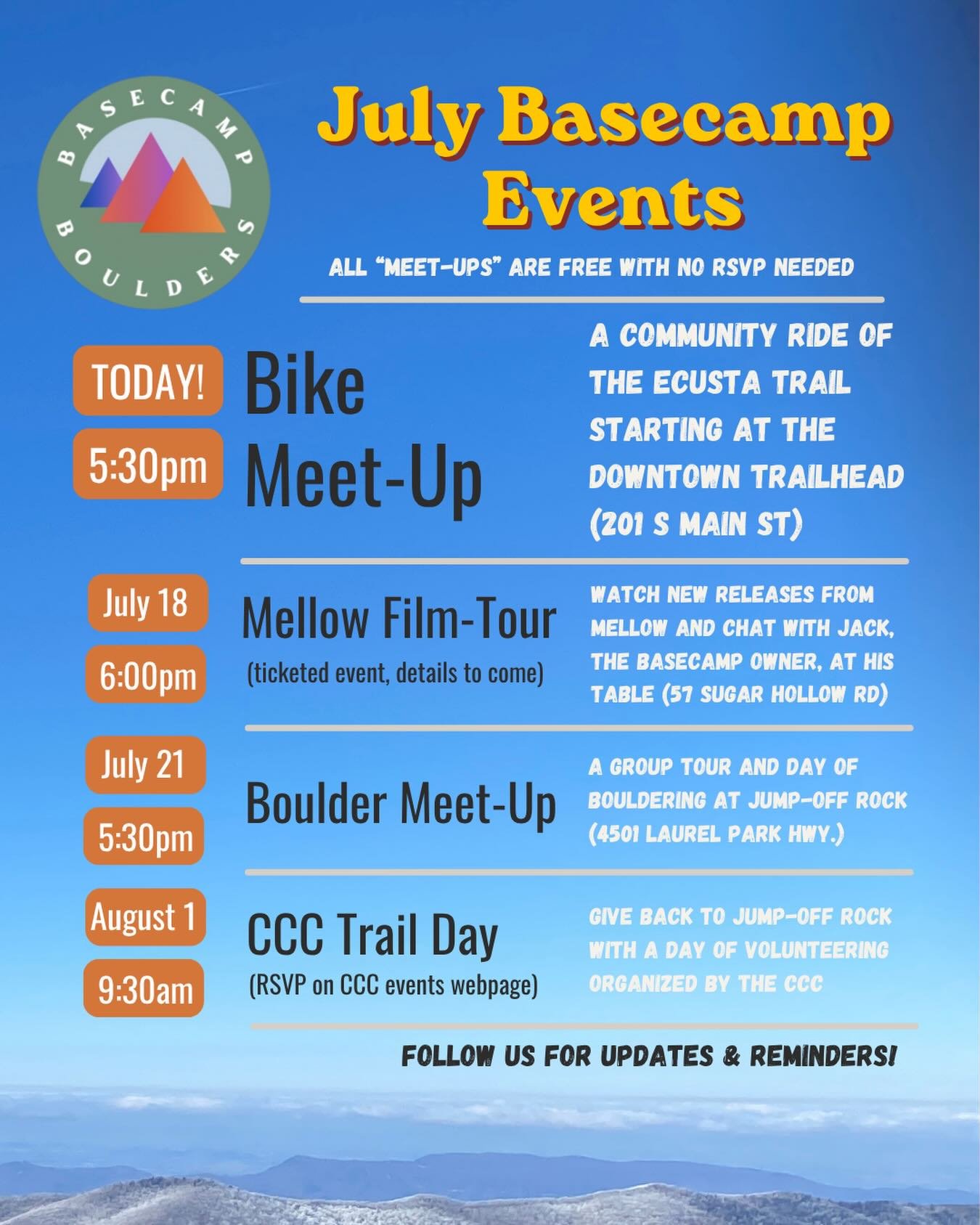 Join the Basecamp community at these awesome events! We&rsquo;ve got lots of good stuff cooking this month, from meet-ups to film tours and stewardship opportunities.
 ⠀⠀⠀⠀⠀⠀⠀⠀⠀ ⠀⠀⠀⠀⠀⠀⠀⠀⠀ ⠀⠀⠀⠀⠀⠀⠀⠀⠀ Can&rsquo;t make it to the meet-ups? Don&rsquo;t swe