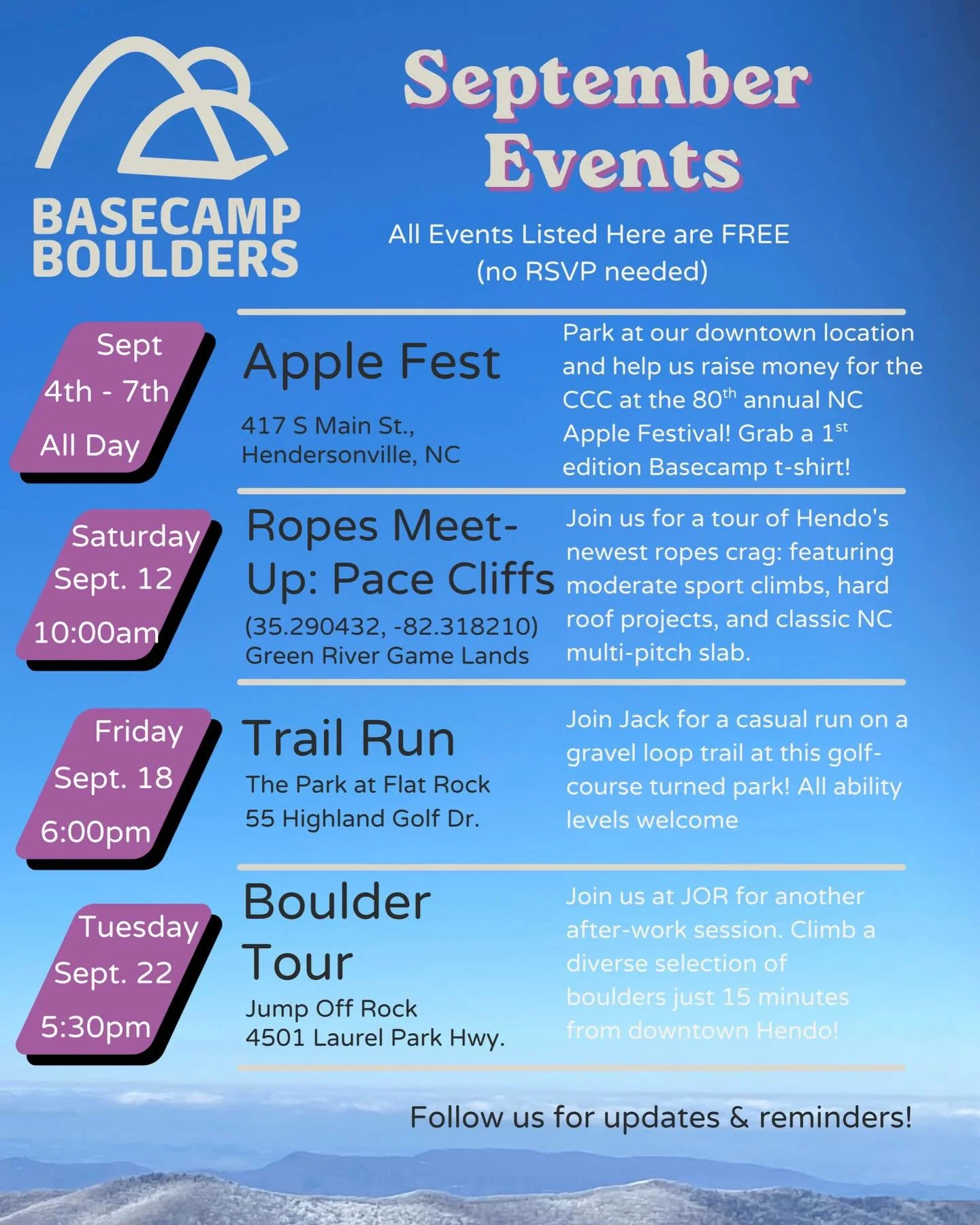Join us @basecampboulders for a jam packed September of free events!

Come park with us this weekend at the gym for the 80th annual Apple Festival in downtown #hendersonvillenc where your purchase supports the @carolinaclimberscoalition 

We are also
