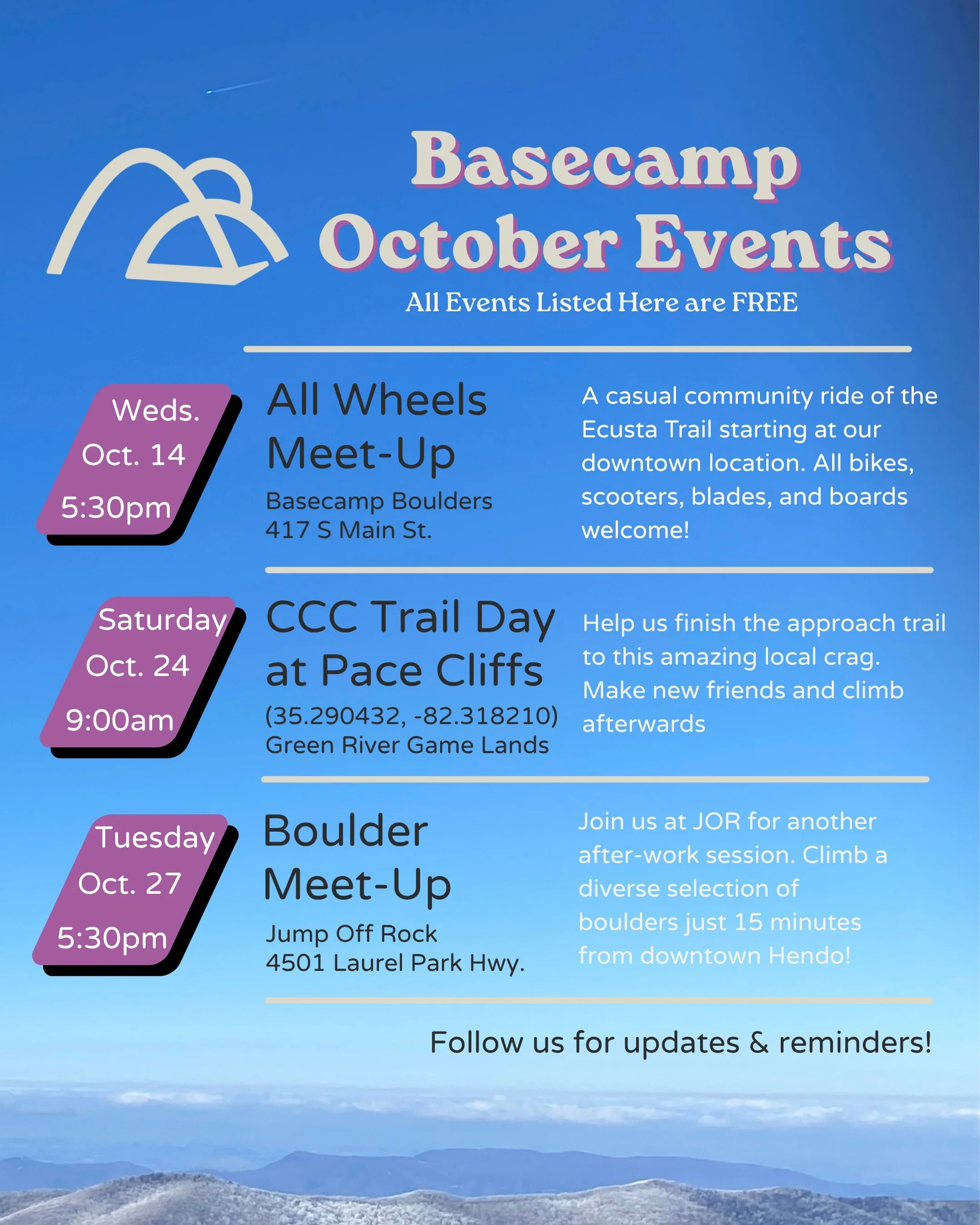 Rocktober is finally here! Find out why this month is peak season for climbing, biking, and bouldering in WNC by attending one of our free community meet-ups! 🍂

In addition to our boulder and bike meet ups, we will also be leading a trail day at Pa
