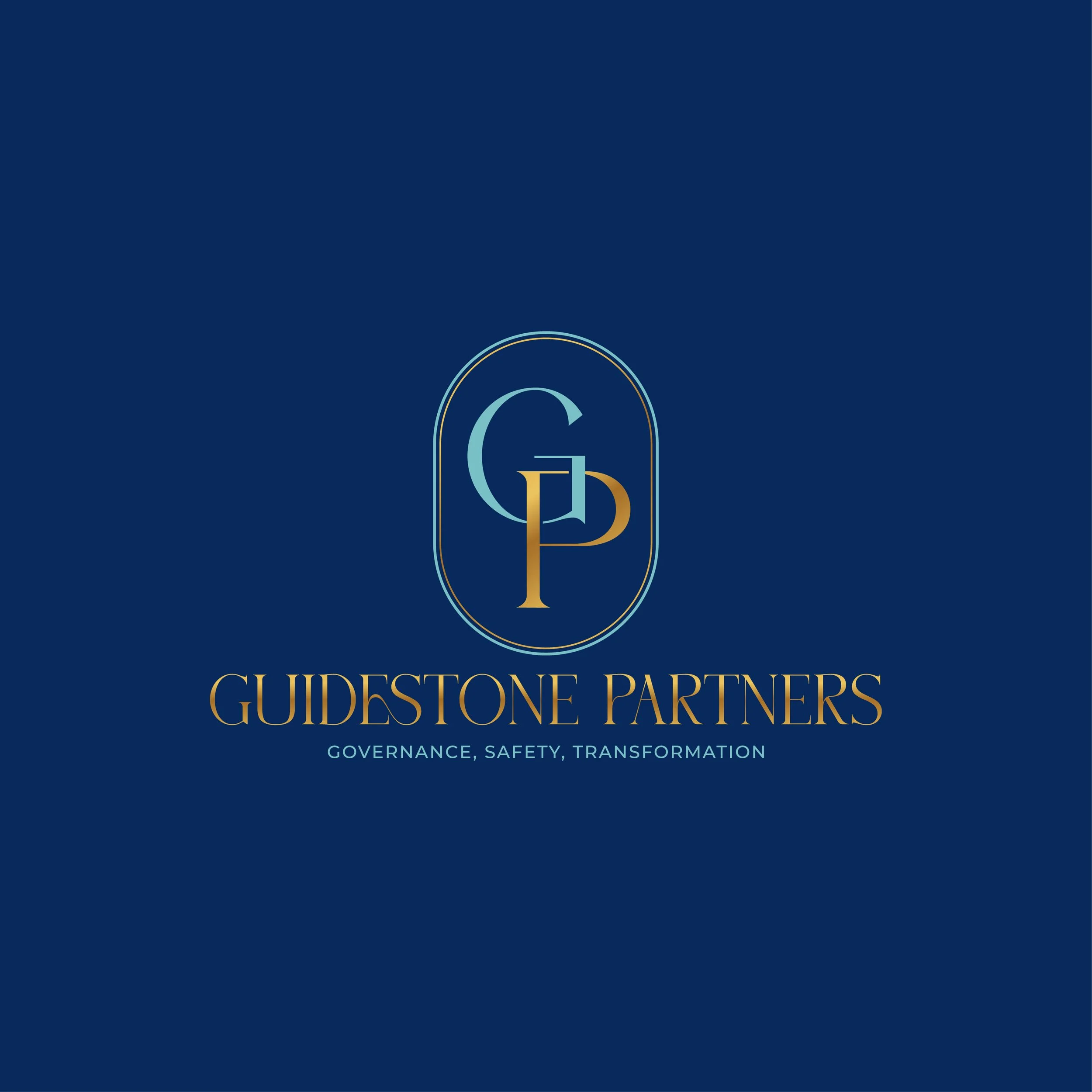 The cover page of a guide titled 'Guidestone Partners' with a subtitle 'Governance, Safety, Transformation' on a dark blue background, featuring a logo with the letters 'G' and 'F' inside a rounded arch.