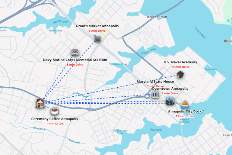 Map showing driving times from Ceremony Coffee Annapolis to several locations: Navy-Marine Corps Memorial Stadium (3 min), Graul's Market Annapolis (5 min), U.S. Naval Academy (10 min), Maryland State House (7 min), Downtown Annapolis (7 min), Annapo