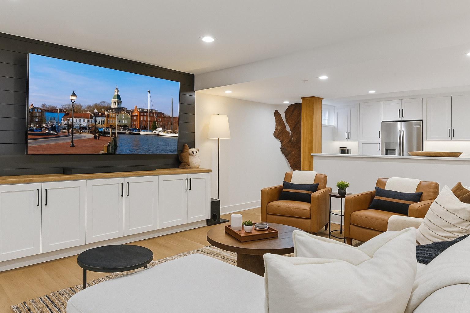 basesment family room with Annapolis City Dock on TV.png