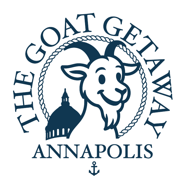Logo for The Goat Getaway, Vacation Rental in Annapolis, featuring a smiling goat head.