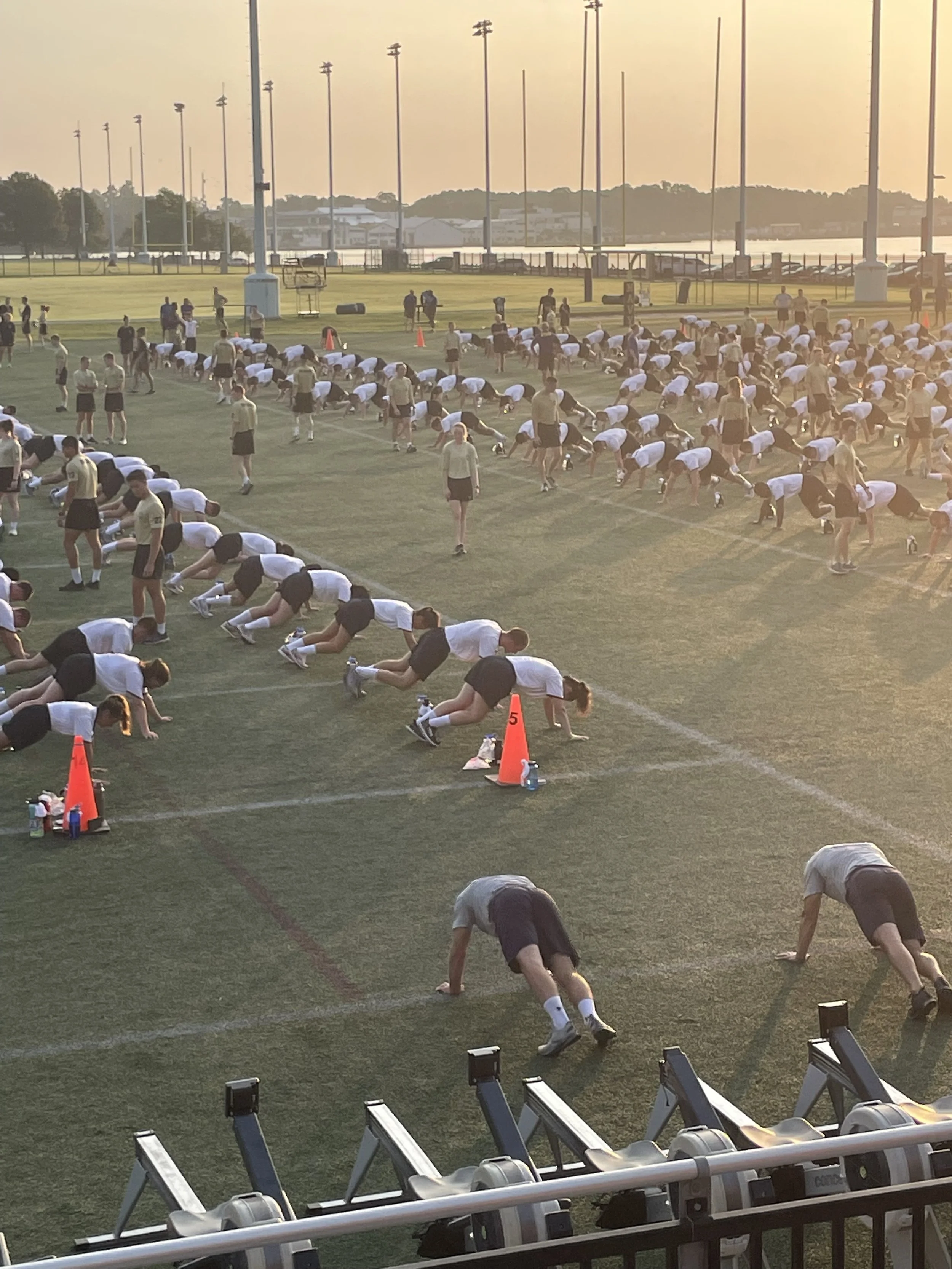 Hundreds of Plebs doing push ups on the field
