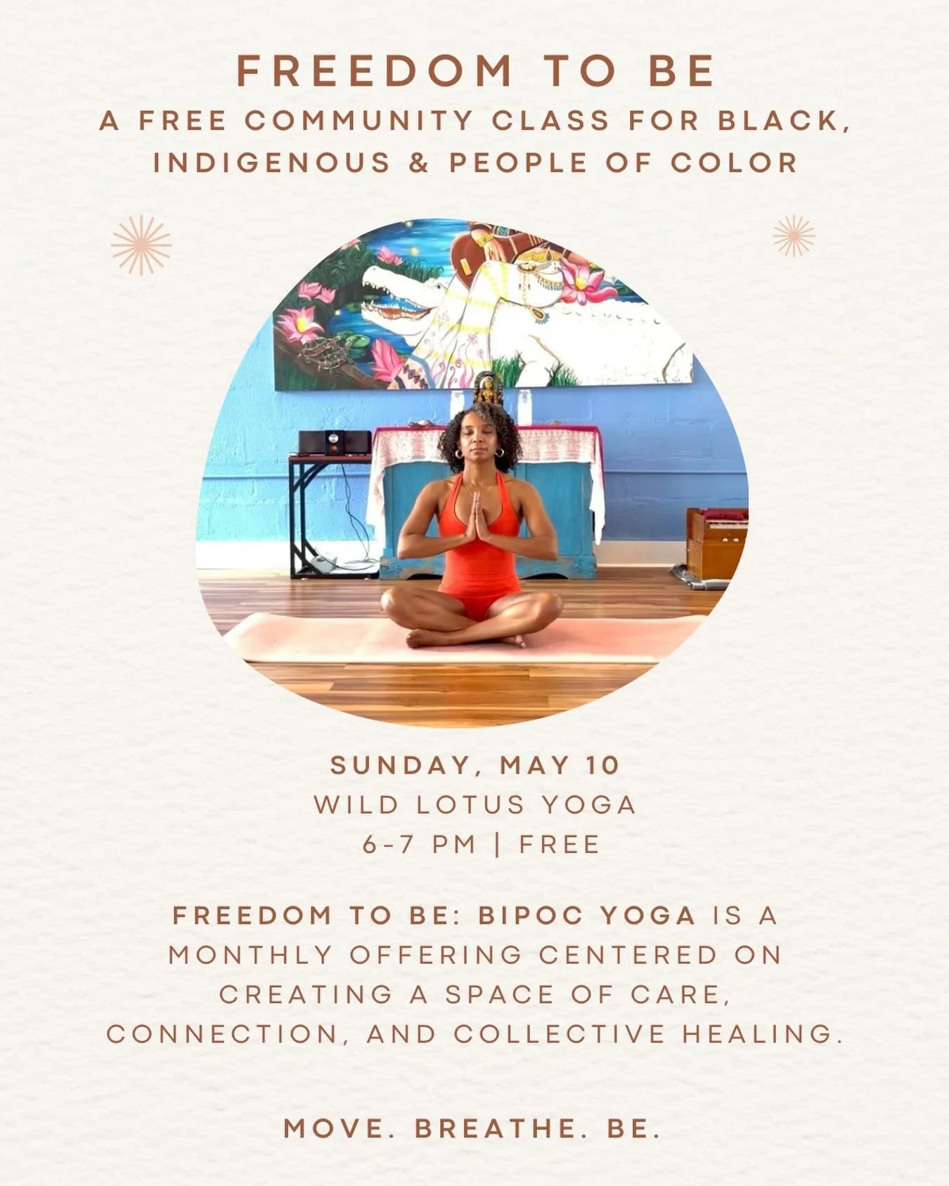 If you&rsquo;ve been looking for a space to breathe, to move, to just be &mdash; this is your invitation.

Join me at @wildlotusyoga for a FREE BIPOC community class, Sunday, May 10 from 6&ndash;7 PM.

This class is for Black, Indigenous, and People 