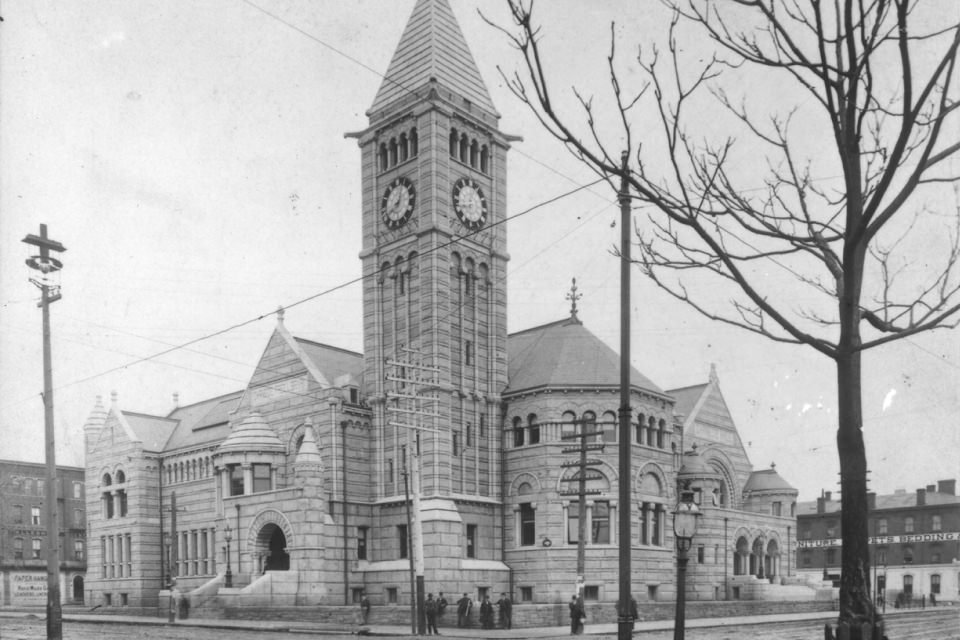 Black and white photograph of a historic Carnegie Music Hall now home to the New Hazlett Theater on the Northside in Pittsburgh.