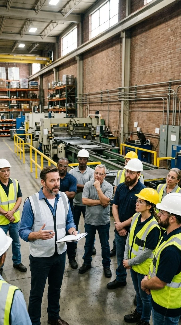 A group of factory workers and supervisors wearing safety vests and helmets gathered around a man giving a presentation inside an industrial warehouse with machinery and shelves in the background.