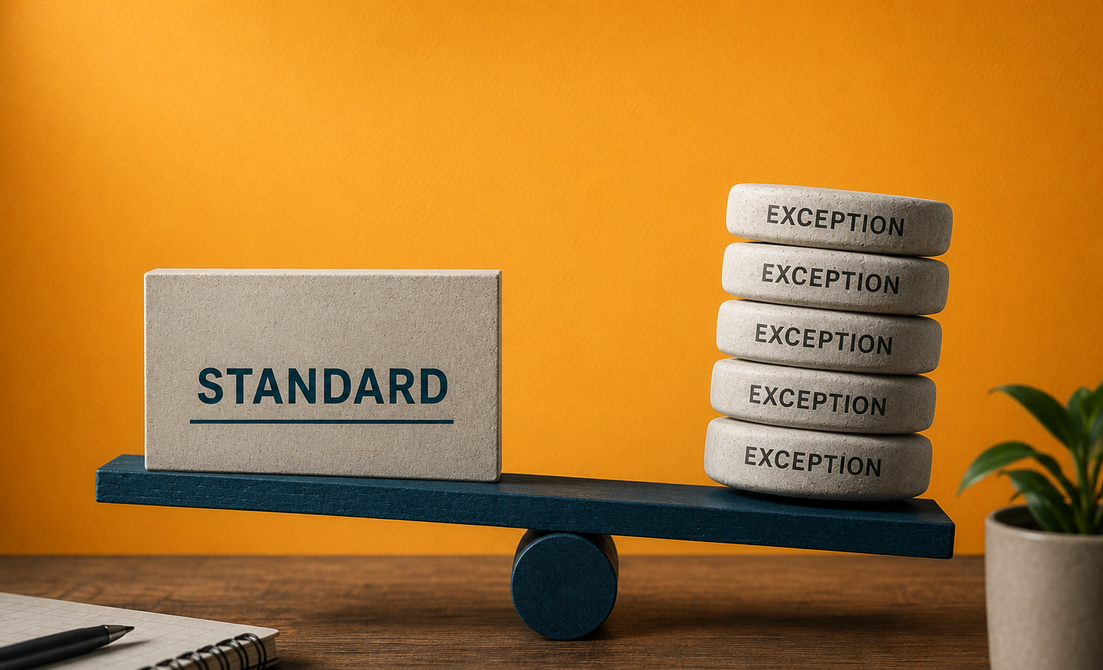 Balance scale showing one "Standard" block outweighed by five stacked "Exception" blocks, illustrating accountability gaps