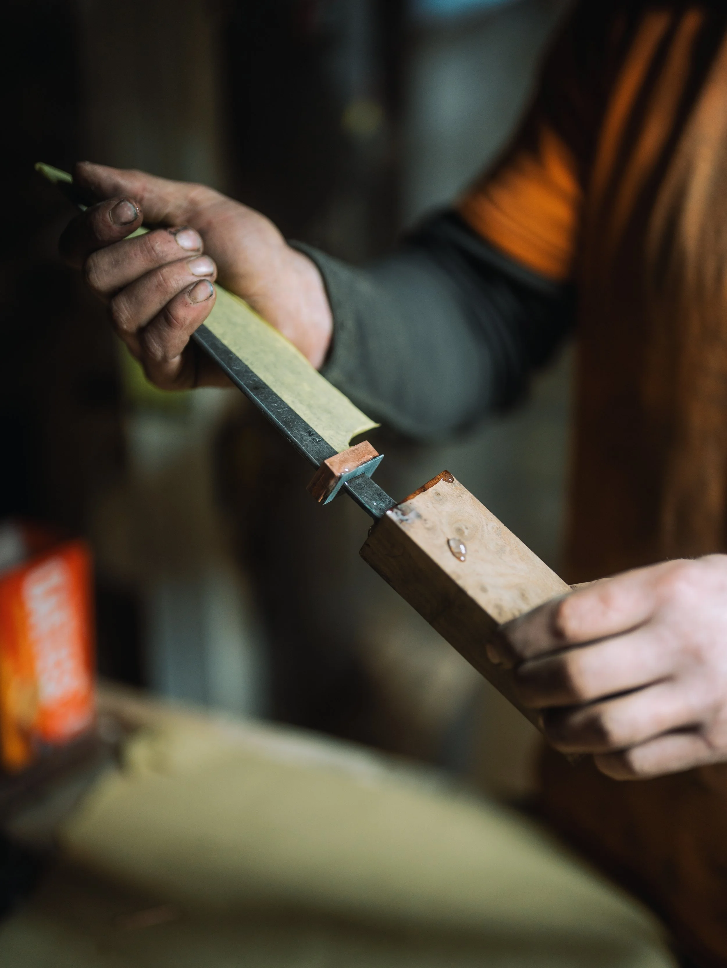 Close-up of a person's hands using a metal file to smooth a piece of wood.