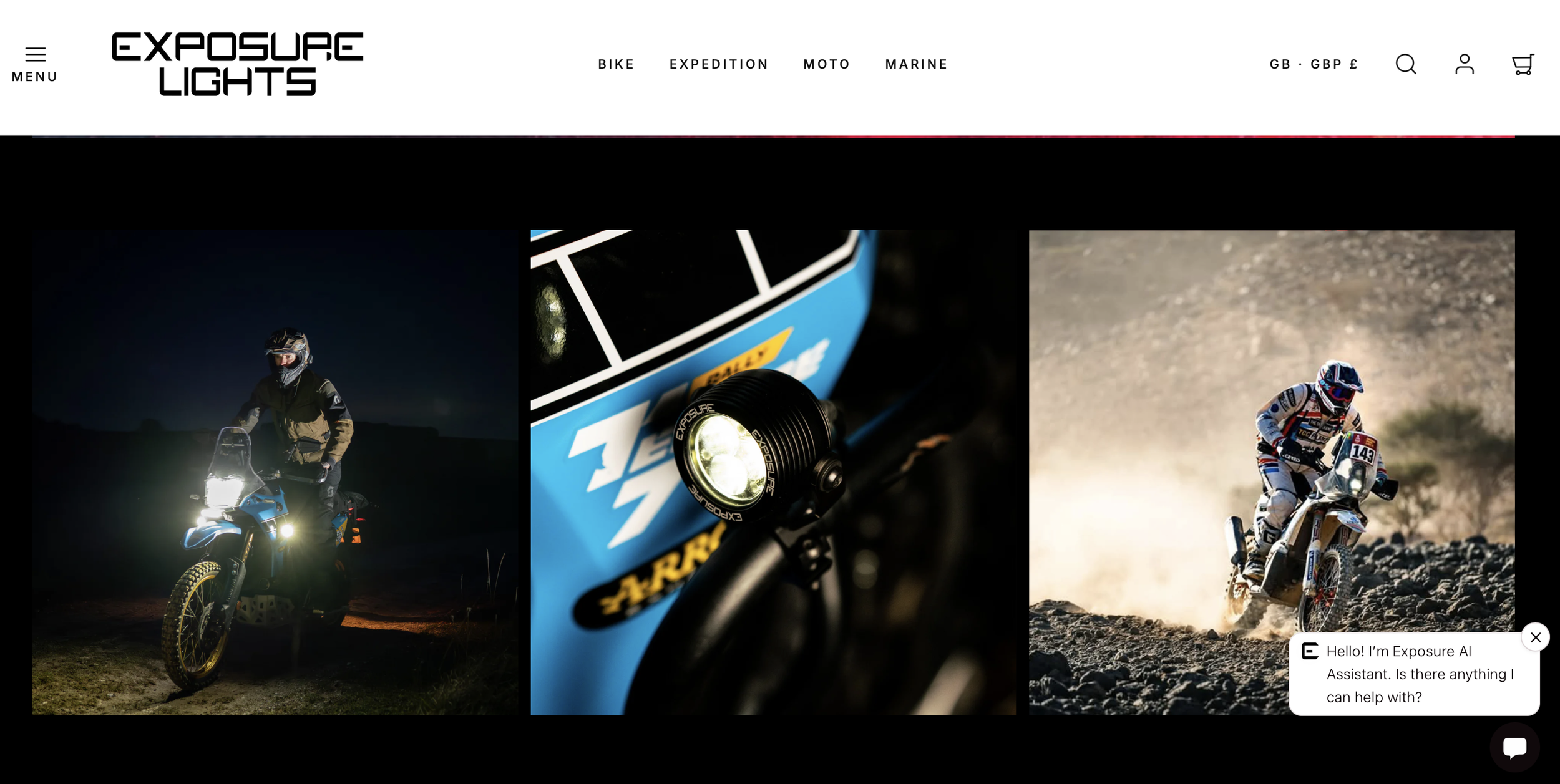 A website displaying off-road motorcycle gear and accessories, including a motorcyclist riding at night, close-up of a headlamp on a motorcycle, and a rider kicking up dirt on a trail.