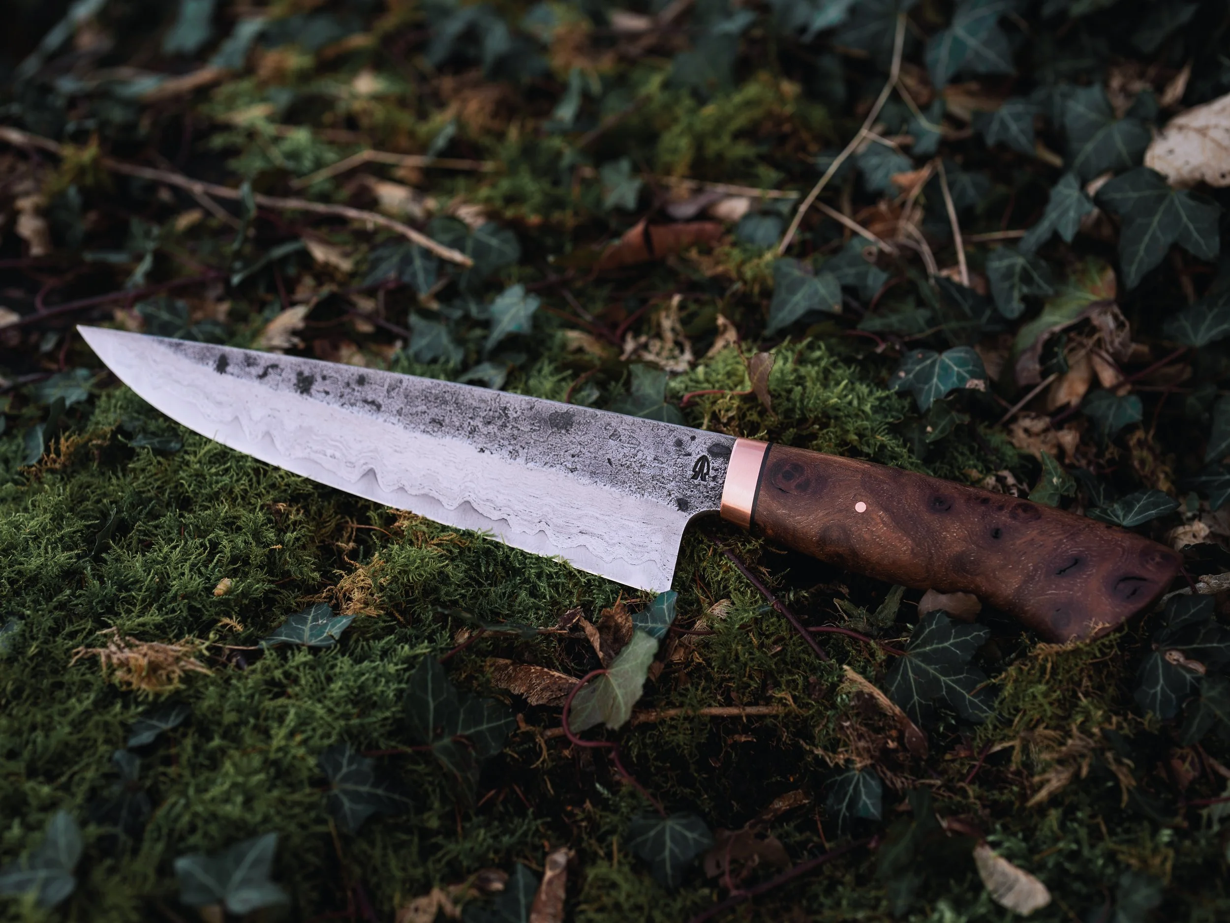 A kitchen knife with a patterned blade and wooden handle lying on green moss and leaf litter among ivy and fallen leaves outside.