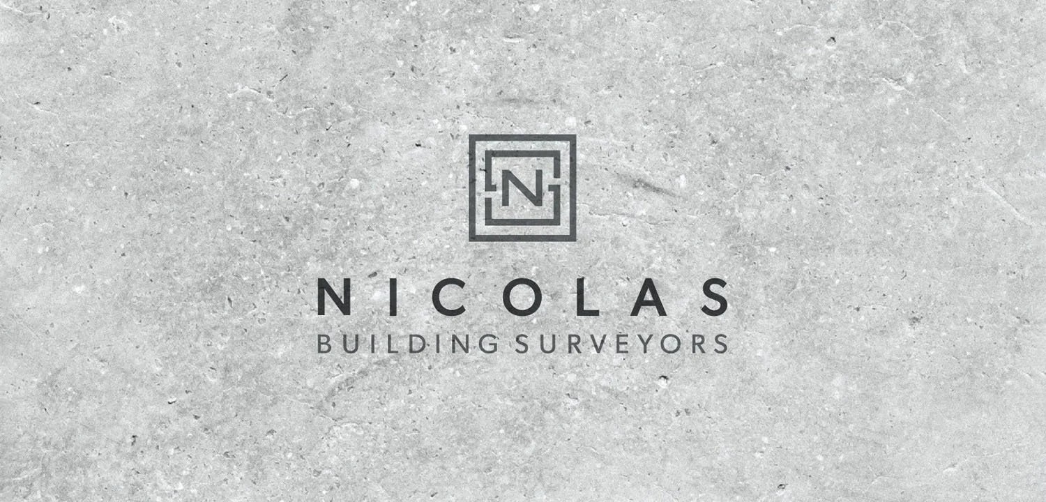 Logo and text for Nicolas Building Surveyors on a gray textured background.
