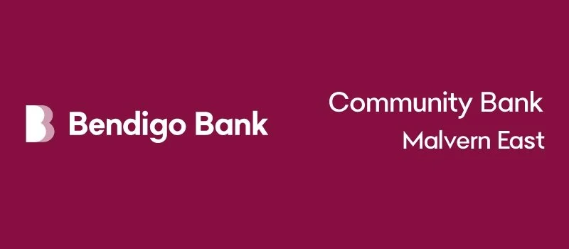 Bendigo Bank logo with text stating 'Community Bank Malvern East' on a maroon background.