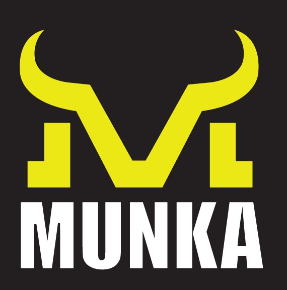 Logo with a yellow bull's horns and stylized yellow letters on a black background, with the word "MUNIKA" in white below.