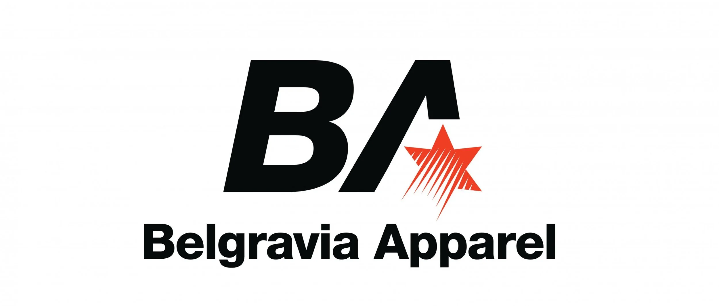 Logo for Belgravia Apparel featuring bold black letters 'B' and 'A' with a stylized red star, and the text 'Belgravia Apparel' below.