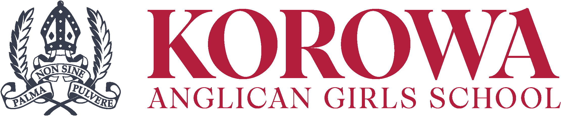 Logo for Korowa Anglican Girls School featuring a crest with a crown, laurel wreath, and Latin motto, next to the school name in large red letters.