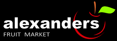Logo of Alexander's Fruit Market with text and a stylized red apple with green leaf.