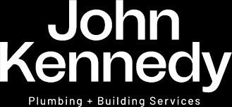 Black background with white text reading 'John Kennedy' and 'Plumbing + Building Services'