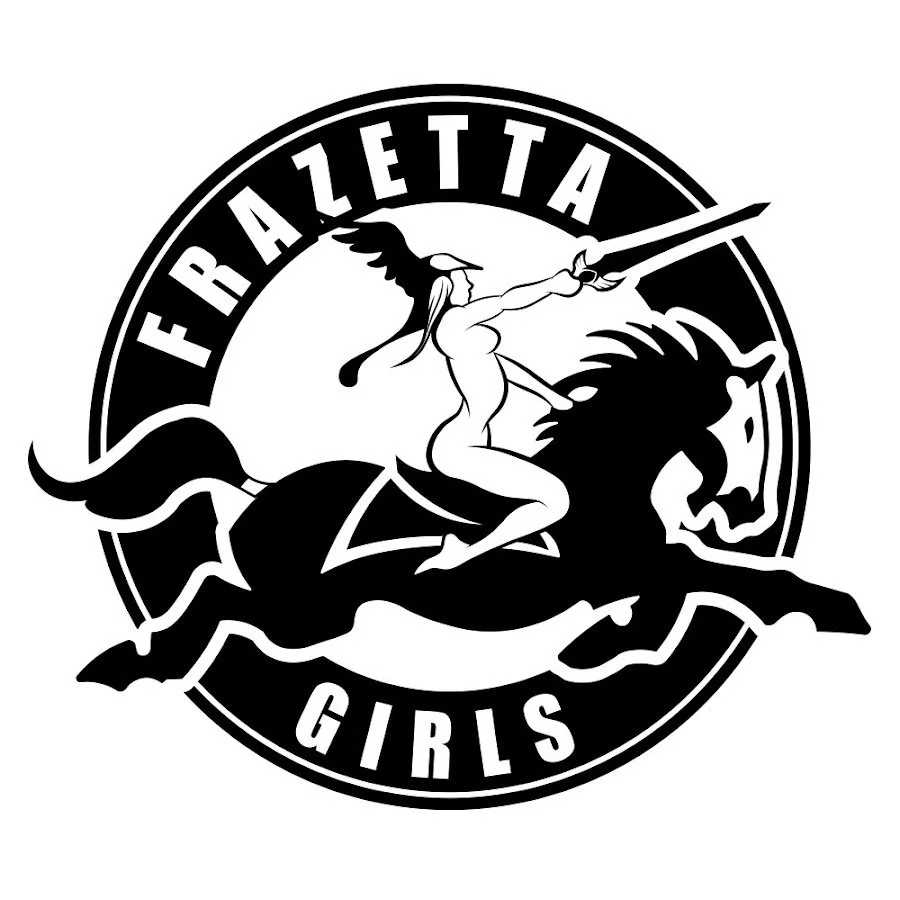 A black and white logo featuring a female figure with wings riding a galloping horse, holding a spear, with the words "FRAZZETA GIRLS" encircling the scene.