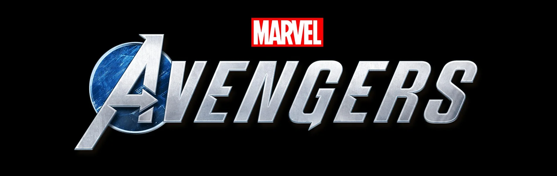 Marquee Marvel Avengers logo with a metallic Avengers text over a black background and a blue circular emblem.