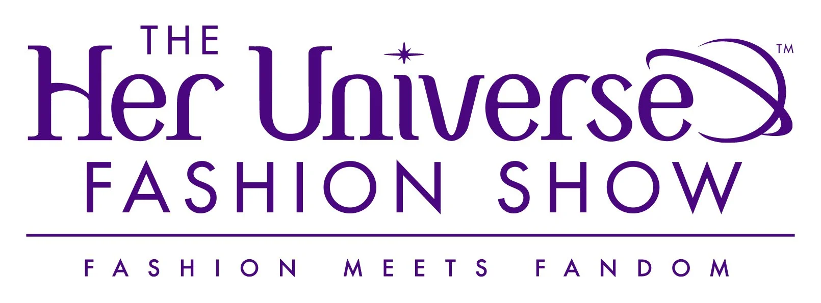 Logo for The Her Universe Fashion Show, with the tagline 'Fashion Meets Fandom' in purple text.