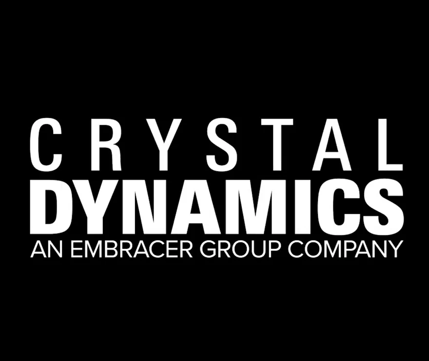 Black background with white text reading "CRYSTAL DYNAMICS A N EMBRACER GROUP COMPANY".