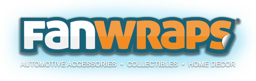 Logo for FanWORAPS featuring bold text, a light blue background, and smaller text indicating automotive accessories, collectibles, and home decor.