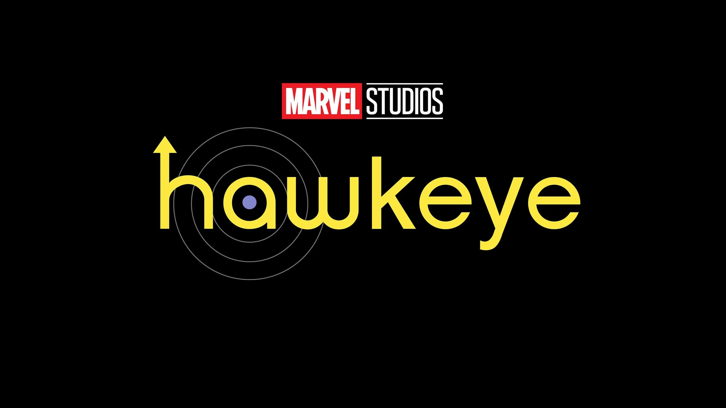 Marvel Studios logo above the yellow title 'Hawkeye' with circular target design behind the text, against a black background.