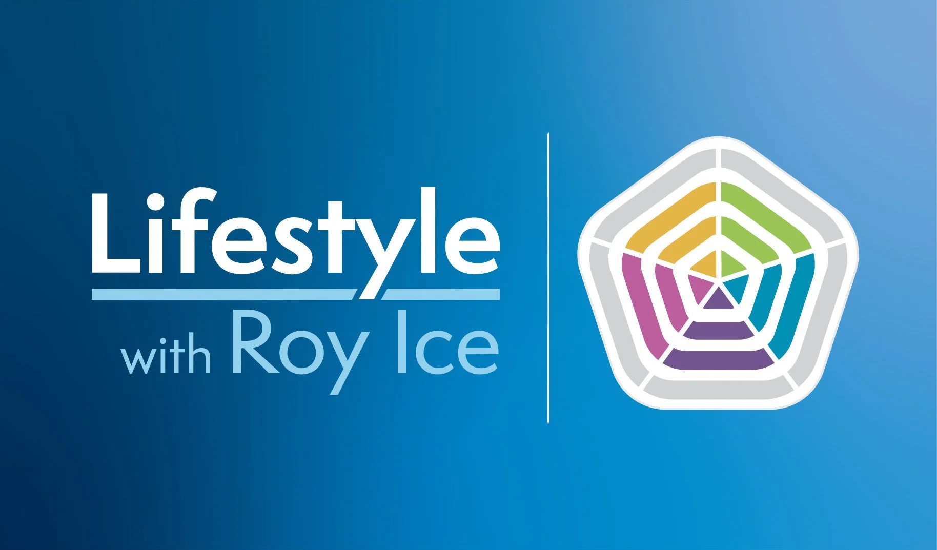 Title slide for a presentation titled 'Lifestyle with Roy Ice' with a colorful logo on the right. The background is blue with a gradient.