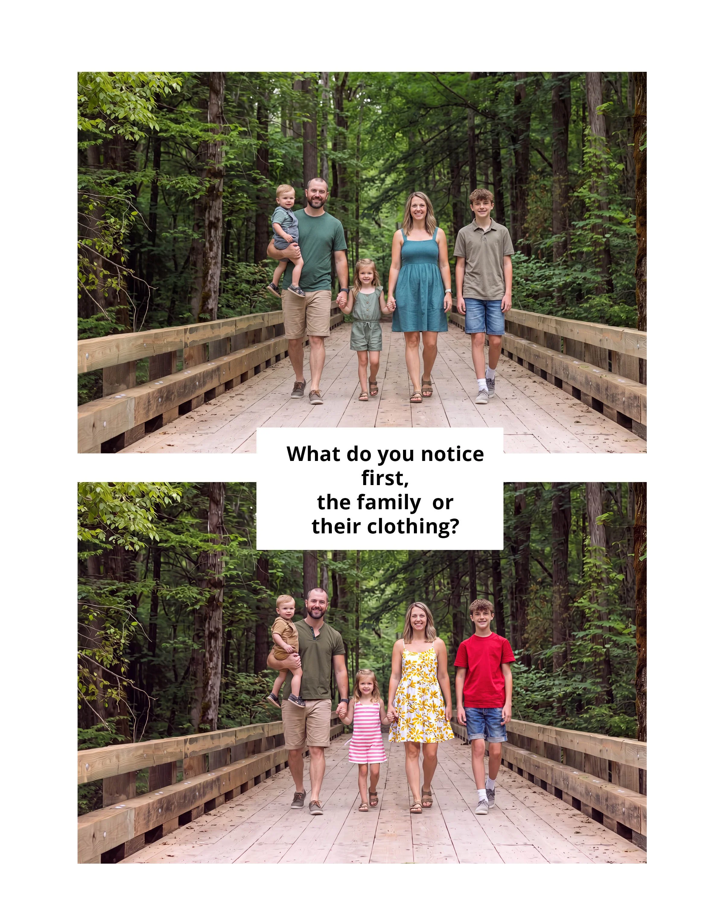 Side-by-side comparison of an AI-generated family walking on a wooded bridge, showing how coordinated earth-tone clothing keeps attention on the family while bright colors and bold patterns draw attention to the outfits.