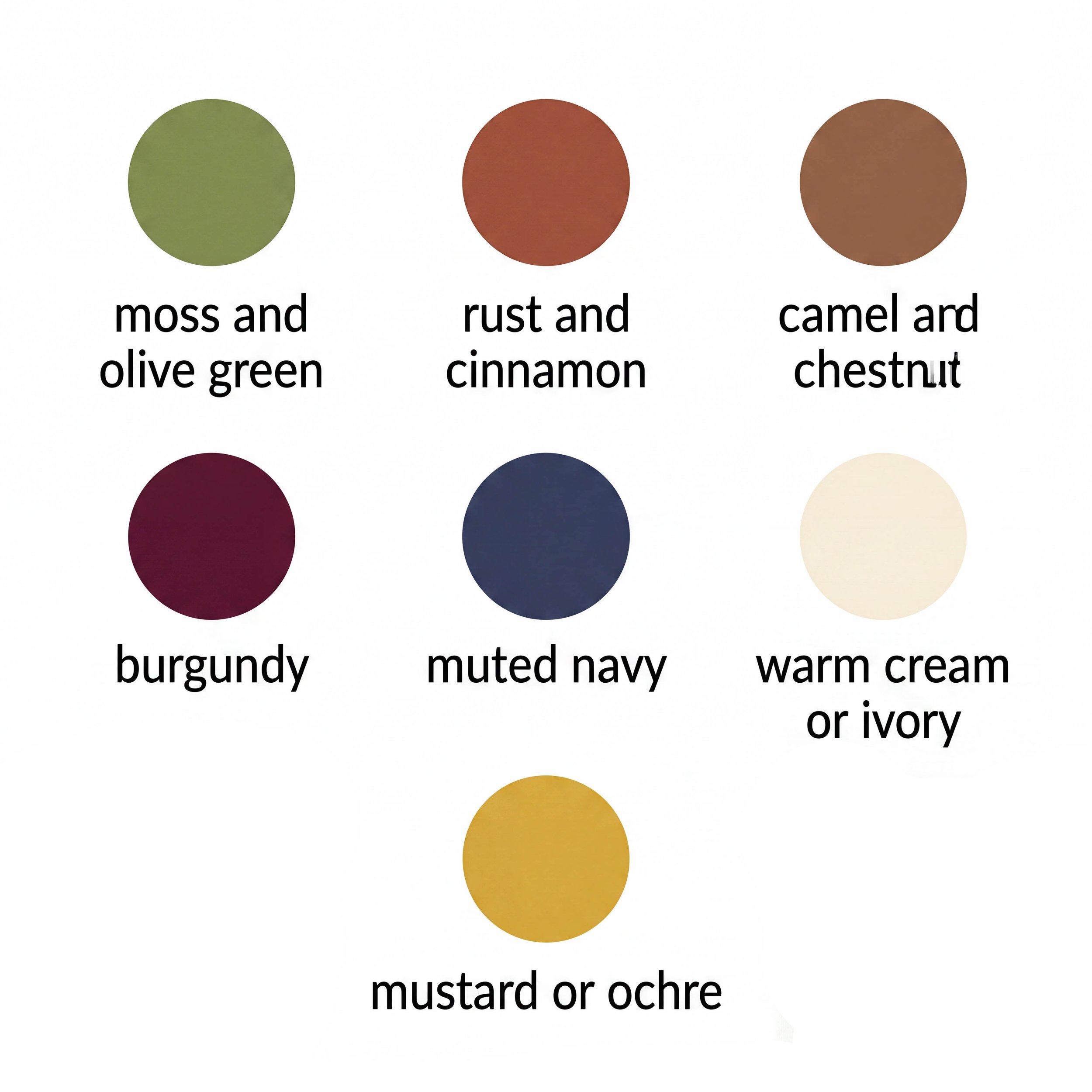 Fall clothing color palette featuring moss and olive green, rust and cinnamon, camel and chestnut, burgundy, muted navy, warm cream or ivory, and mustard or ochre.