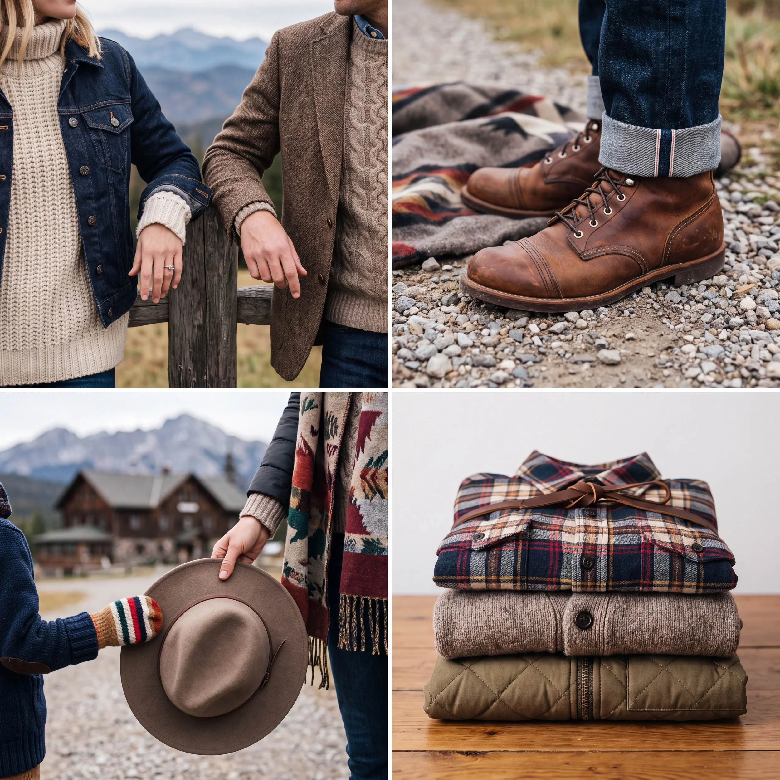 Collage of fall clothing details featuring chunky knit sweaters, denim, a tweed jacket, brown leather boots, a patterned scarf, a felt hat, plaid flannel, and quilted outerwear in a mountain setting.