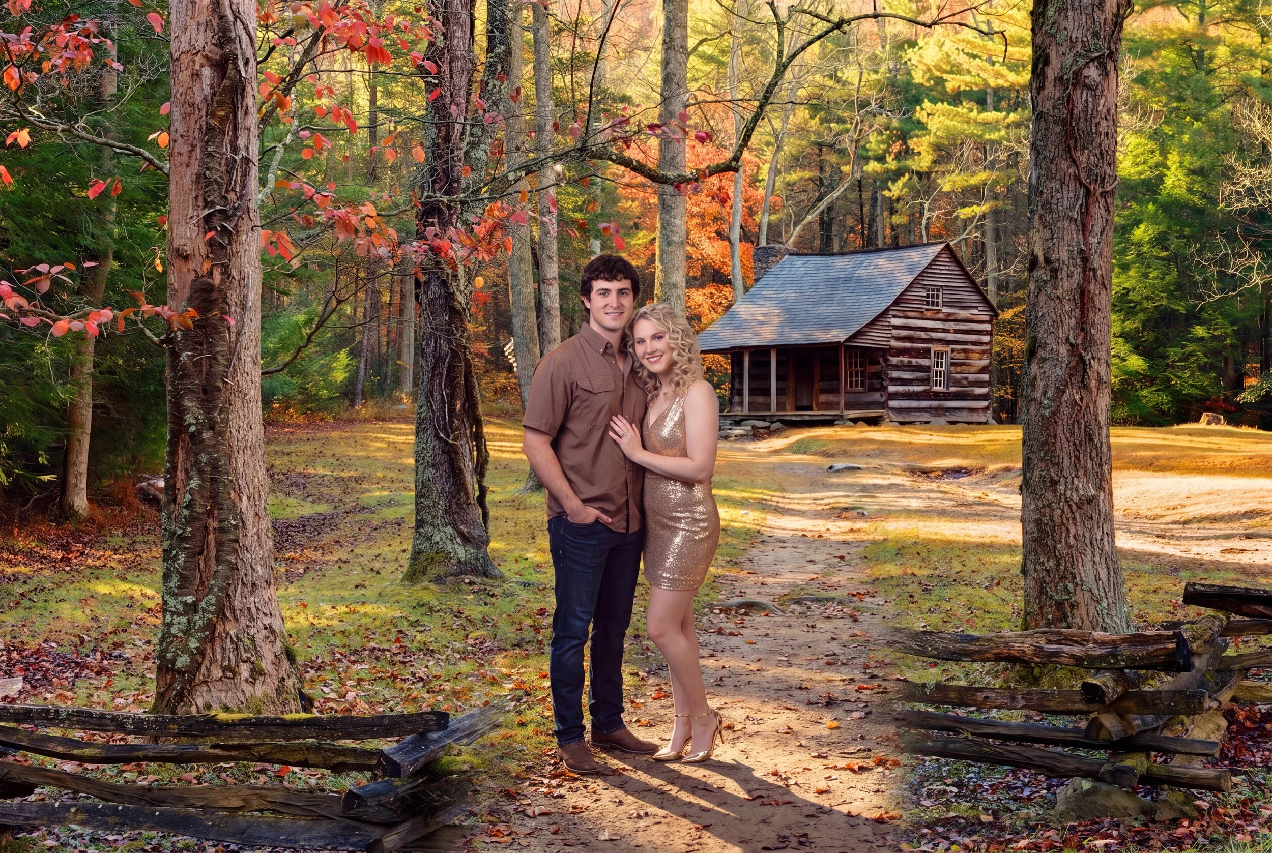 AI-generated example of a couple dressed at mismatched levels of formality in a fall mountain setting, with the woman in a sparkly cocktail dress and heels beside a casually dressed man.